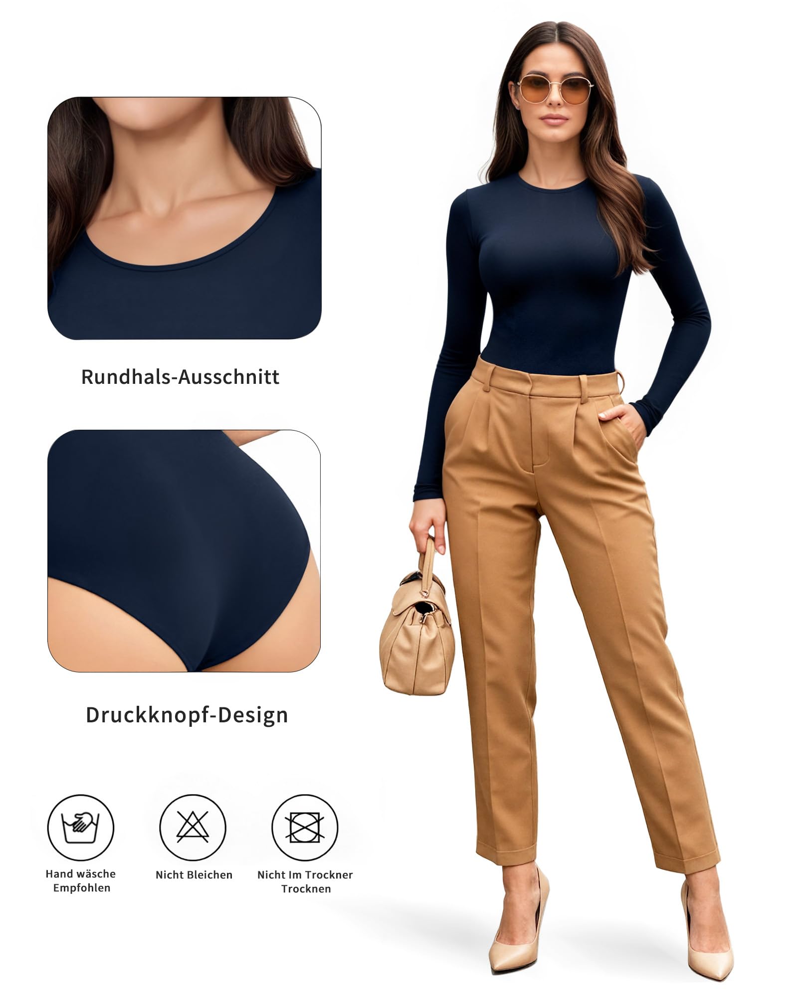 ALGALAROUND Bodys pour femme T-shirts à manches longues avec col rond classique à manches longues en coton