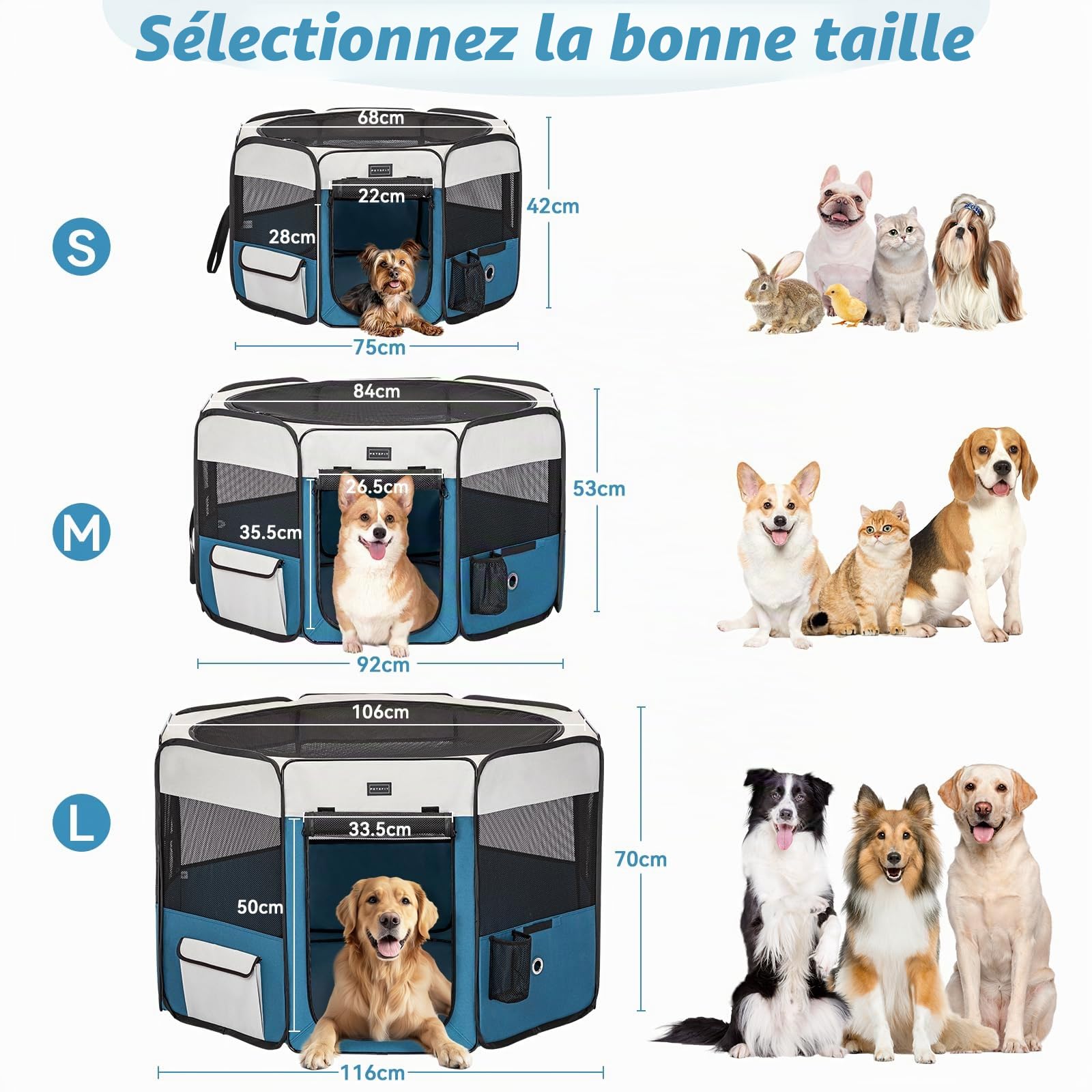 PETSFIT Enclos Pliable pour Petits Animaux, Chiens, Chats, avec Fond étanche, système Pop-up, Design Anti-Mastication, Gris/Bleu, 116 x 106 x 70 cm
