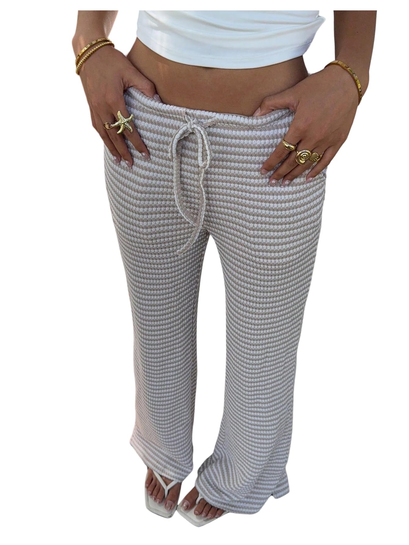 GORGLITTER Womens Striped Low Rise Pants Wide Leg Bell Bottom Knit Pull On Lounge Trousers Fall 2025