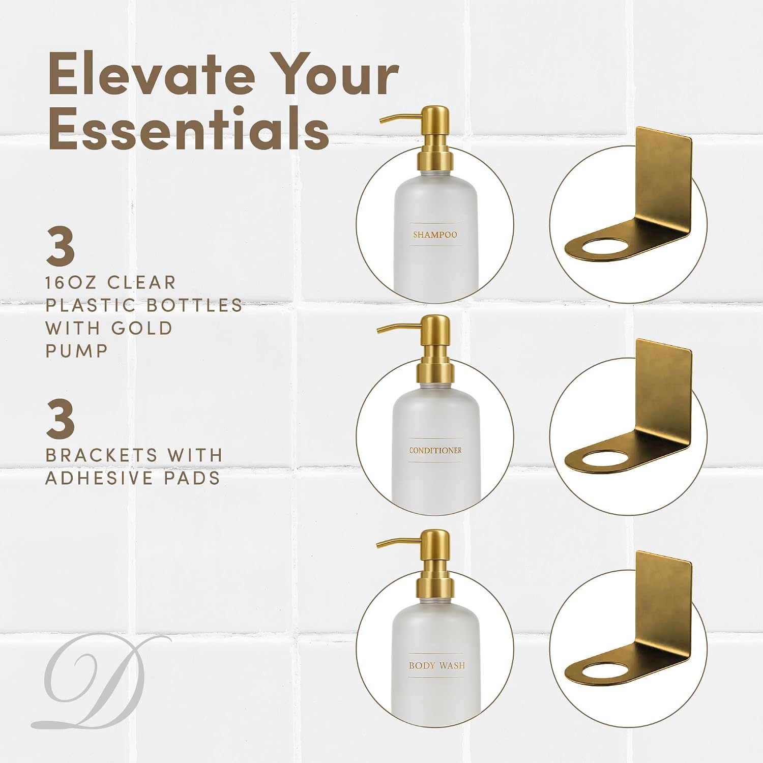 Shampoo and Conditioner Dispenser | Refillable Shower Dispenser Bottles | Bathroom Dispenser Sets | Wall Mount Shower Dispenser with No Drill Brackets | Clear Plastic Pump Bottles, 3 Pack, 16oz Each