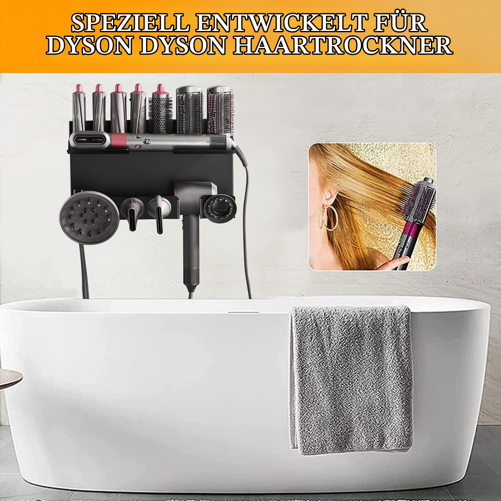 Bocguy 2 In 1 Wandhalterung für Dyson Airwrap & Dyson Föhn, Ohne Bohren Dyson Airwrap Halterung mit Kleber & Schraubengruppe, Dyson Haartrocknerhalter kompatibel mit Fässer, Diffusordüsen, Supersonic