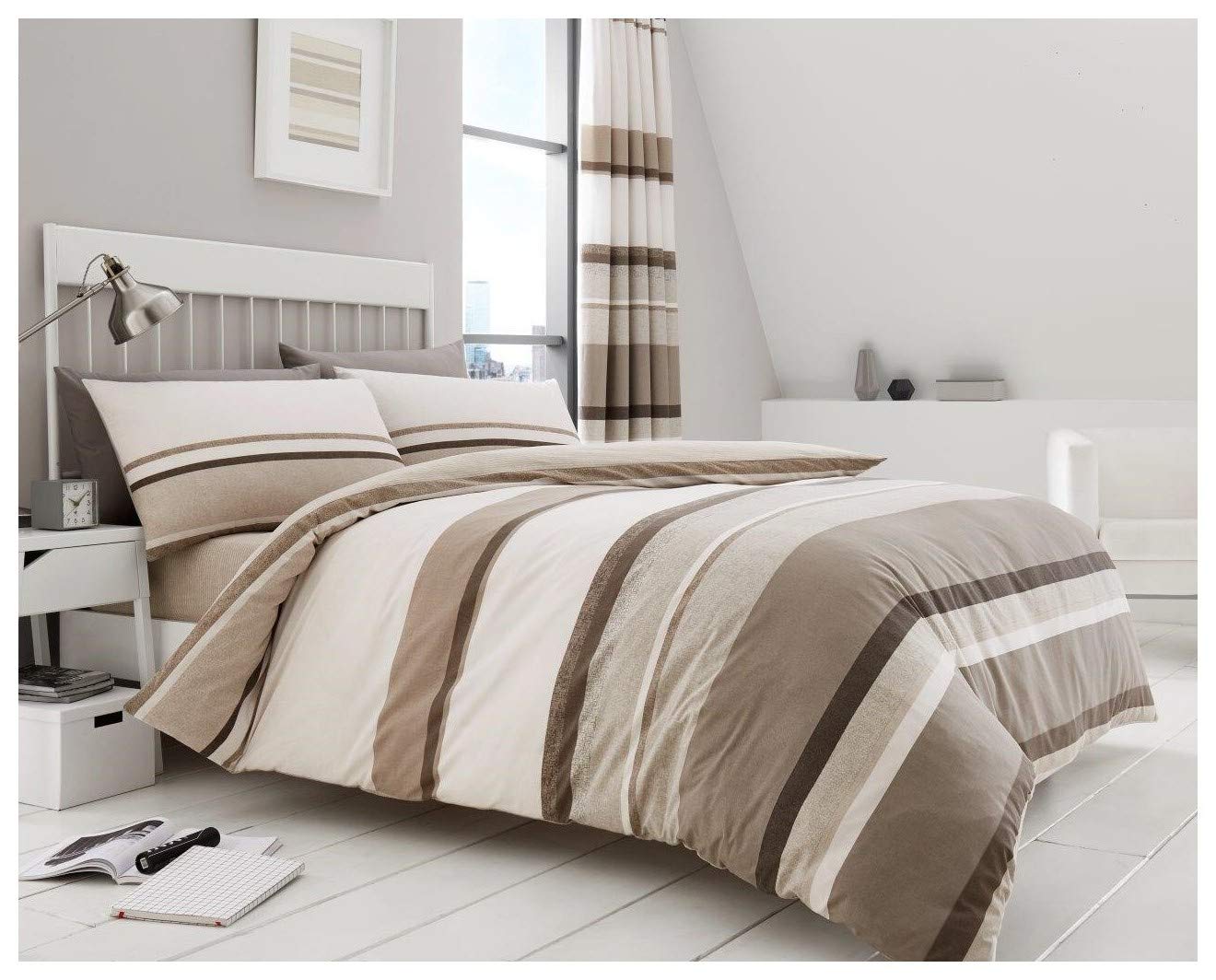 GoldStar® Hudson Natural Stripes Single Duvet Quilt Cover With Pillowcase Reversible Polycotton Bedding Set