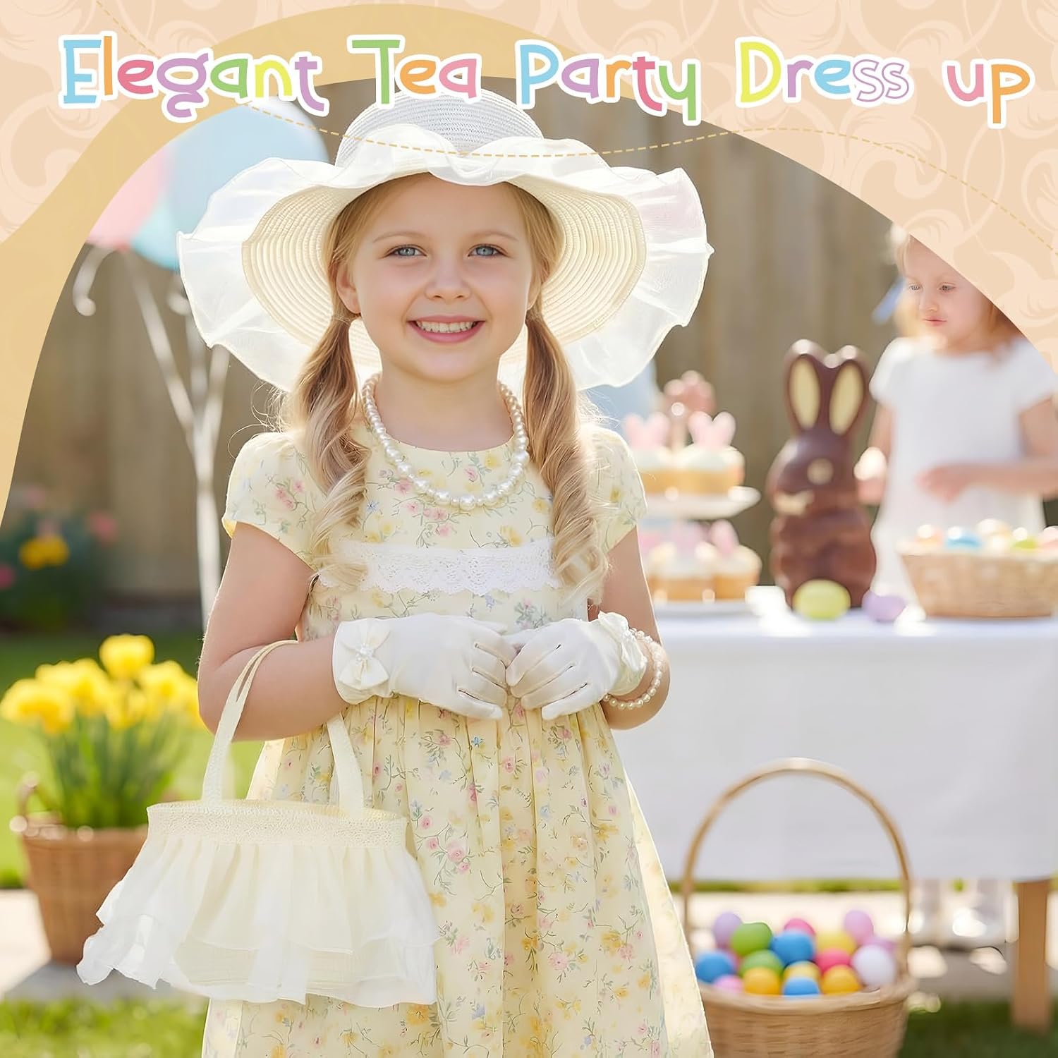 Tradder 5pcs Girls Tea Party Hat Accessories Set Tea Party Straw Hat and Glove Pearl Necklace Handbag Princess Dresses Outfit