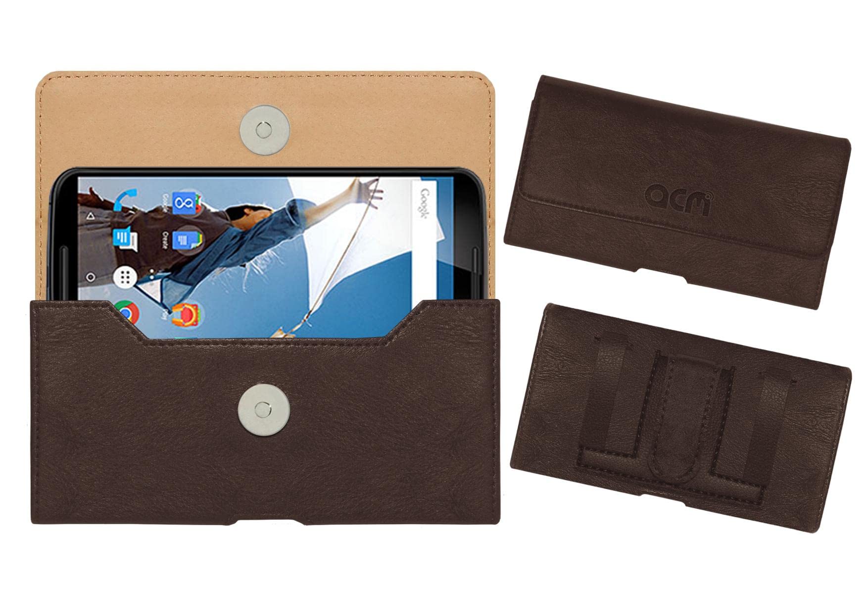ACM Leather Belt Holster Case Compatible with Motorola Nexus 6 Mobile Cover Clip Brown