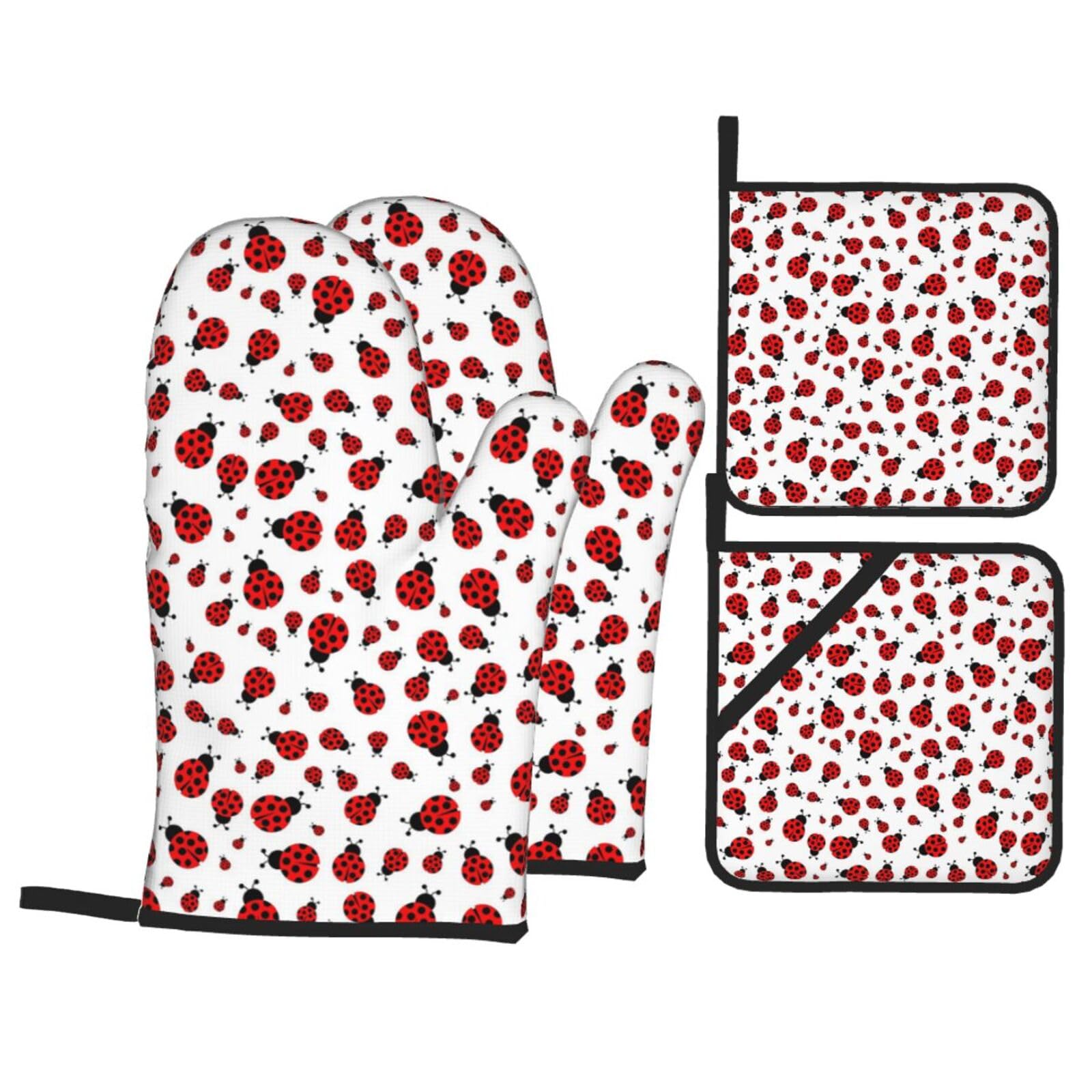 Ladybug Print Stylish Heat-Resistant Oven 4-Piece Set Kitchen Gloves Roasting Daily Cooking
