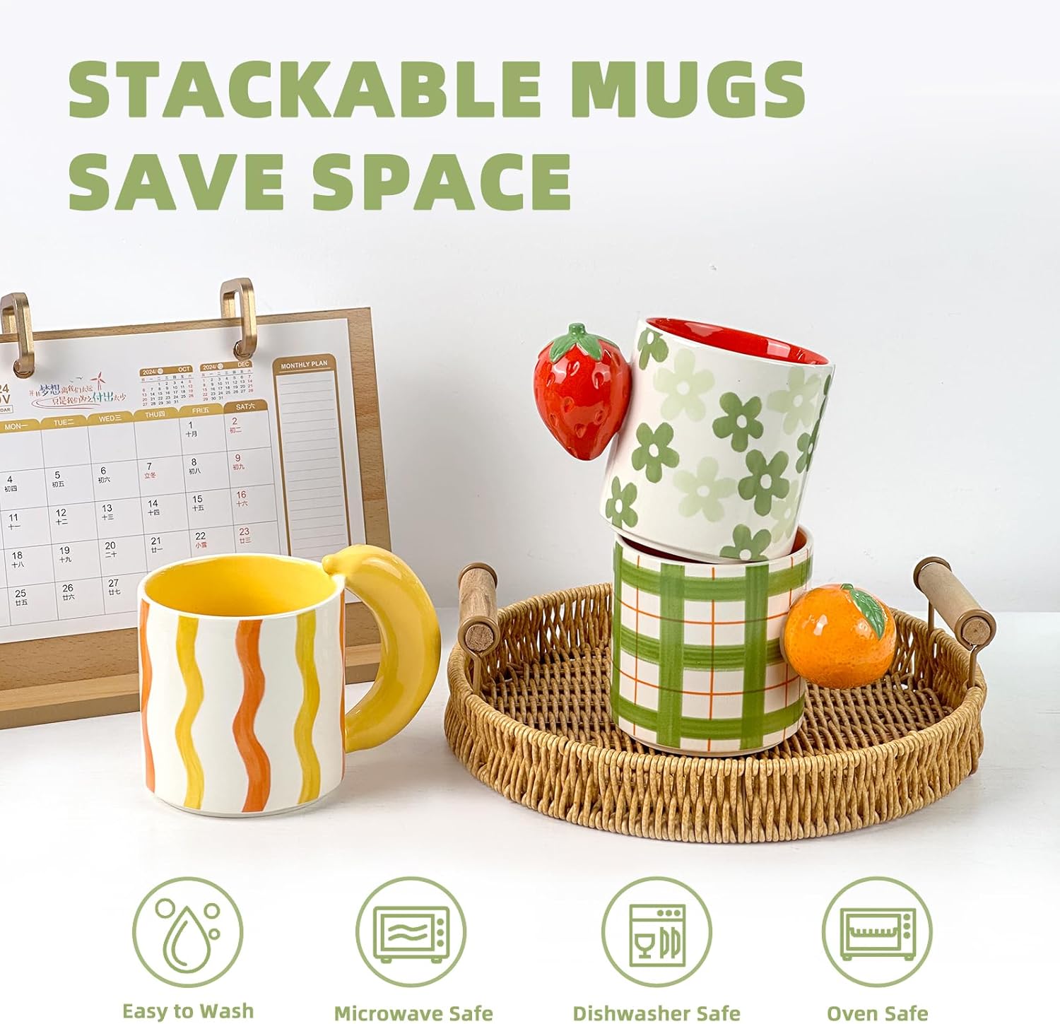 Ceramic Coffee Mugs Set of 3, Stackable Funny Tea Cup with Unique Fruit Shape Aesthetic Mug with Handle for Latte/Cappuccino/Cocoa - Microwave and Dishwasher Safe (14oz) - Image 5