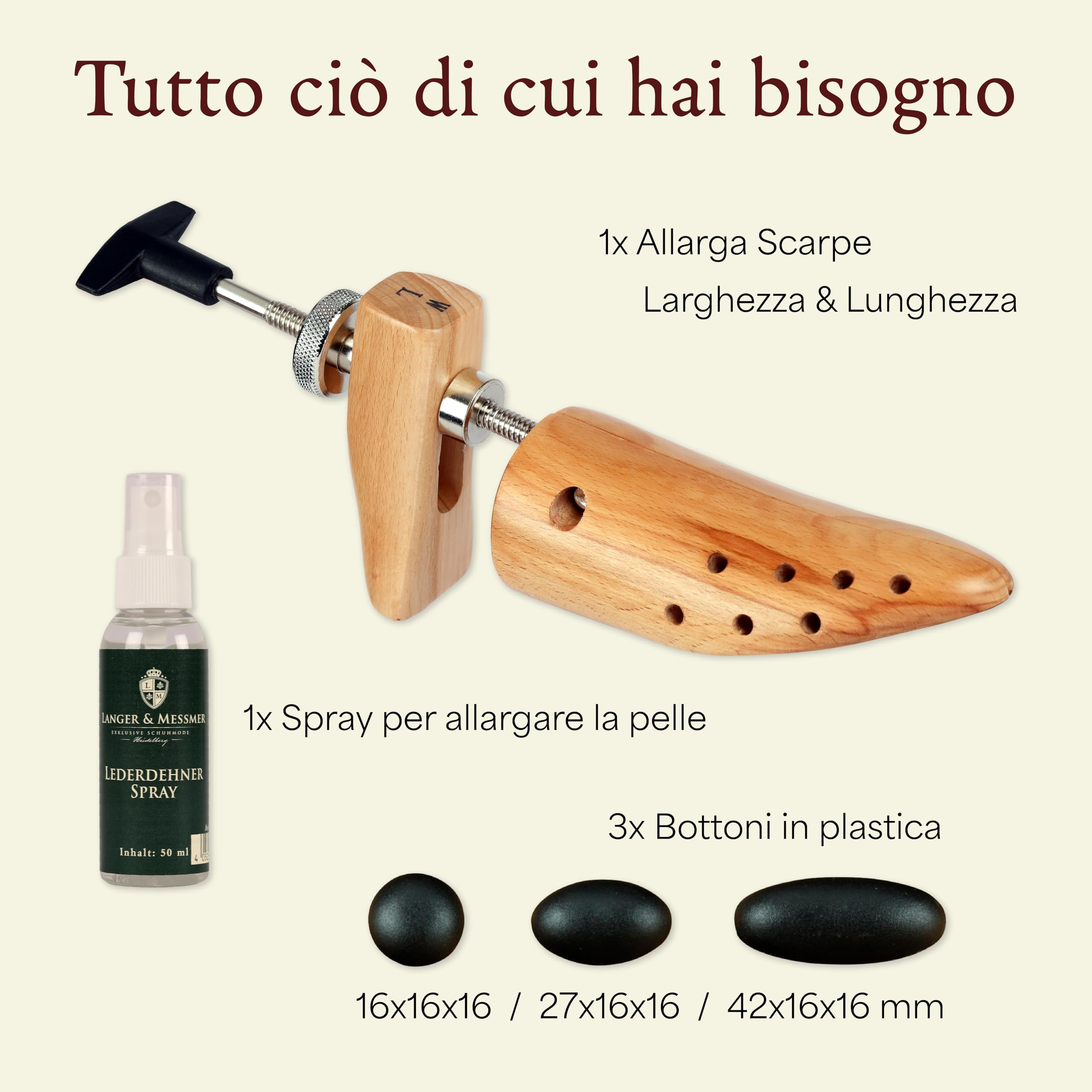 Langer & Messmer allunga scarpe da uomo contro le pizzicature di scarpe o stivali - in legno di faggio massiccio e meccanismo in metallo incluso spray allunga pelle 50ml