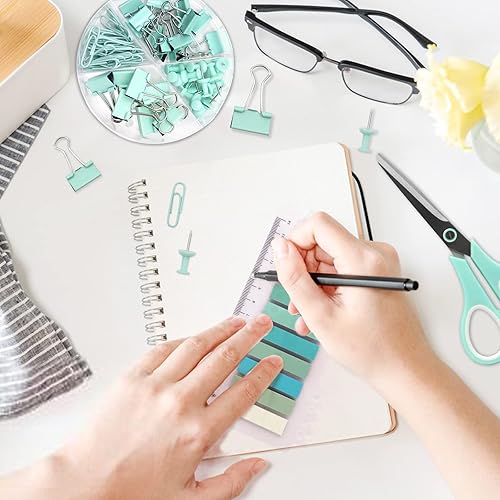 Miniatura 6 de Suministros de oficina verdes, accesorios de escritorio verde azulado, juego de grapadora y dispensador de cinta para mujeres con grapadora,