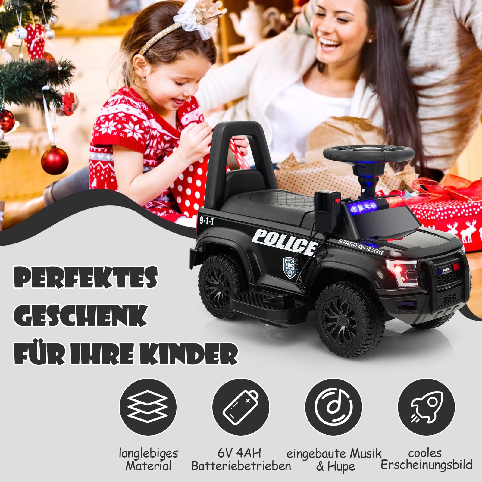DREAMADE 6V Kinder Elektroauto, Elektrofahrzeug mit Sirene & LED Lichtern & Musik & Hupe, Batteriebetriebenes Kinderfahrzeug, für Kinder ab 18 Monate (Schwarz)