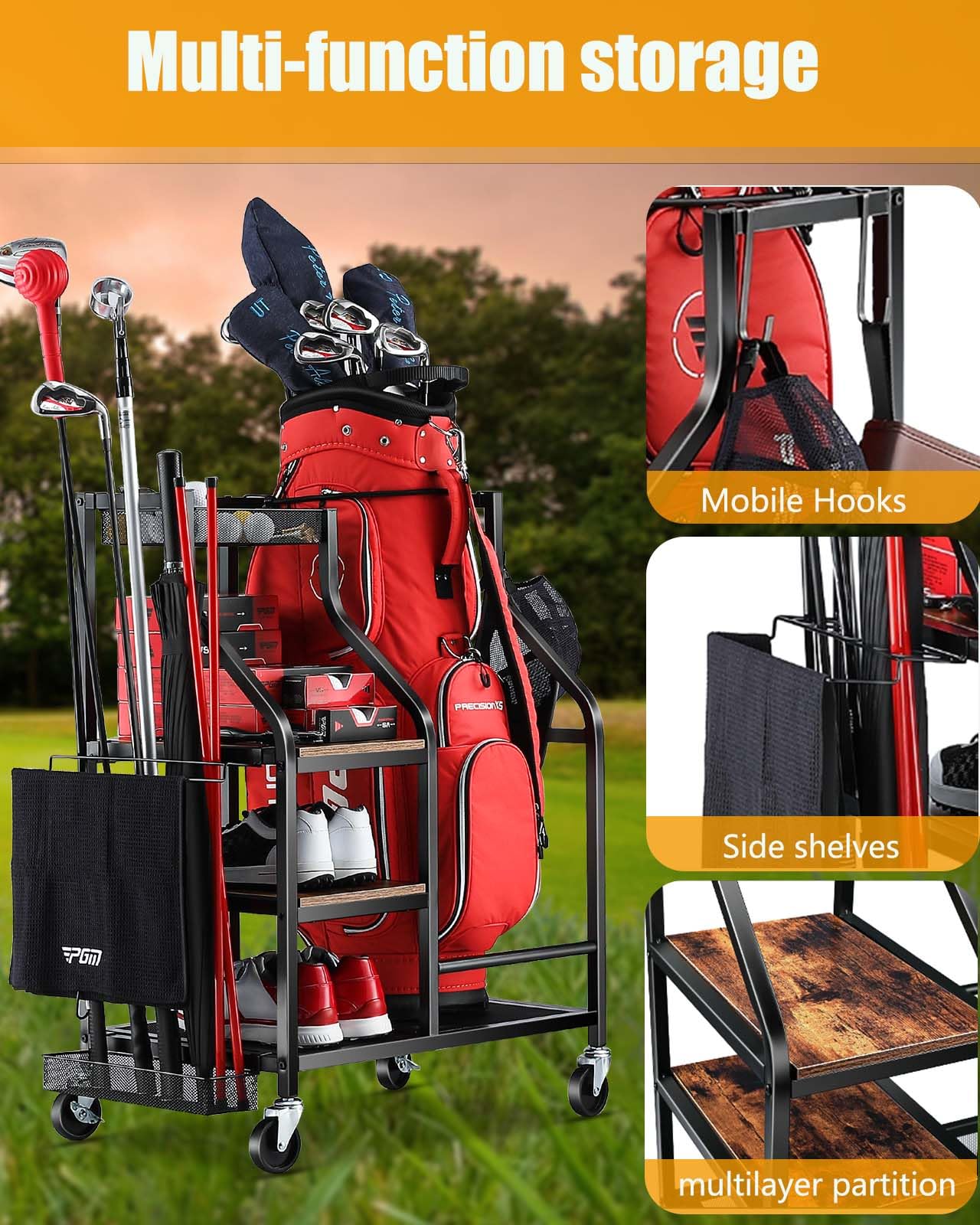 EXTCCT Organizer per borse da golf, supporto per borse da golf, accessori per attrezzature da golf, rack con ruote, mazze da golf, organizzatori per attrezzi da golf