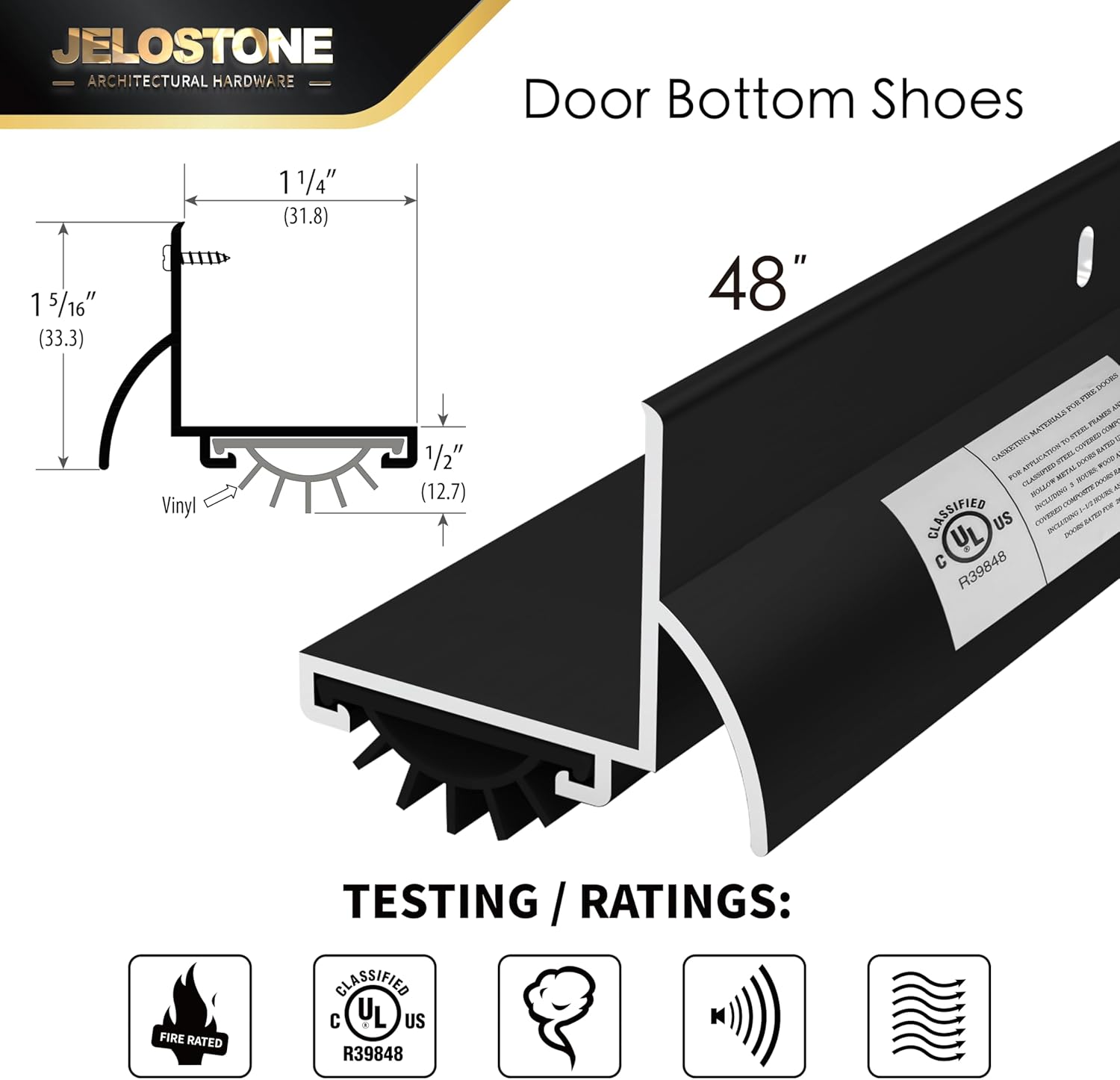 48'' L-Shaped Door Bottom Shoes with Rain Drip(Matte Black Anodized) - Fire Rated - Heavy Duty Aluminum with Flex-V Vinyl Seal Insert, Weatherproof & Soundproof for Exterior Doors, JS-210DV