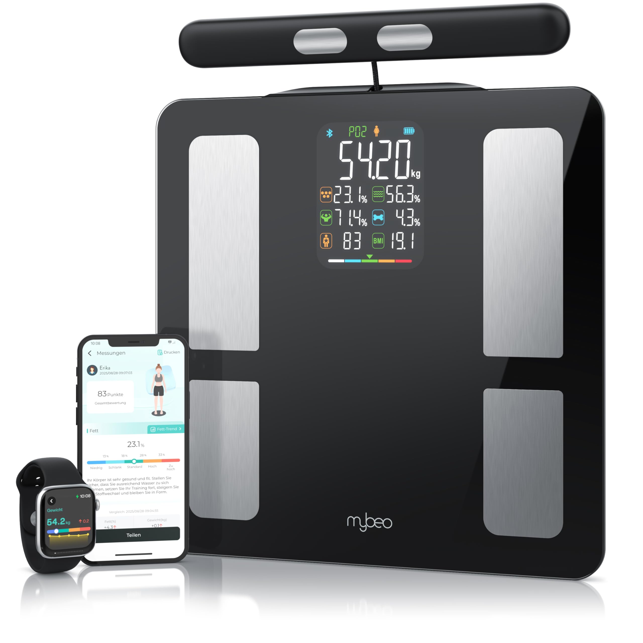 Mybeo - Körperfettwaage mit Handsensoren - mit App - Digitale Bluetooth Körperwaage - Personenwaage Multifunktionswaage - Digitale Anzeige – Handgriff für präzise Ergebnisse - mit Körperfettanalyse