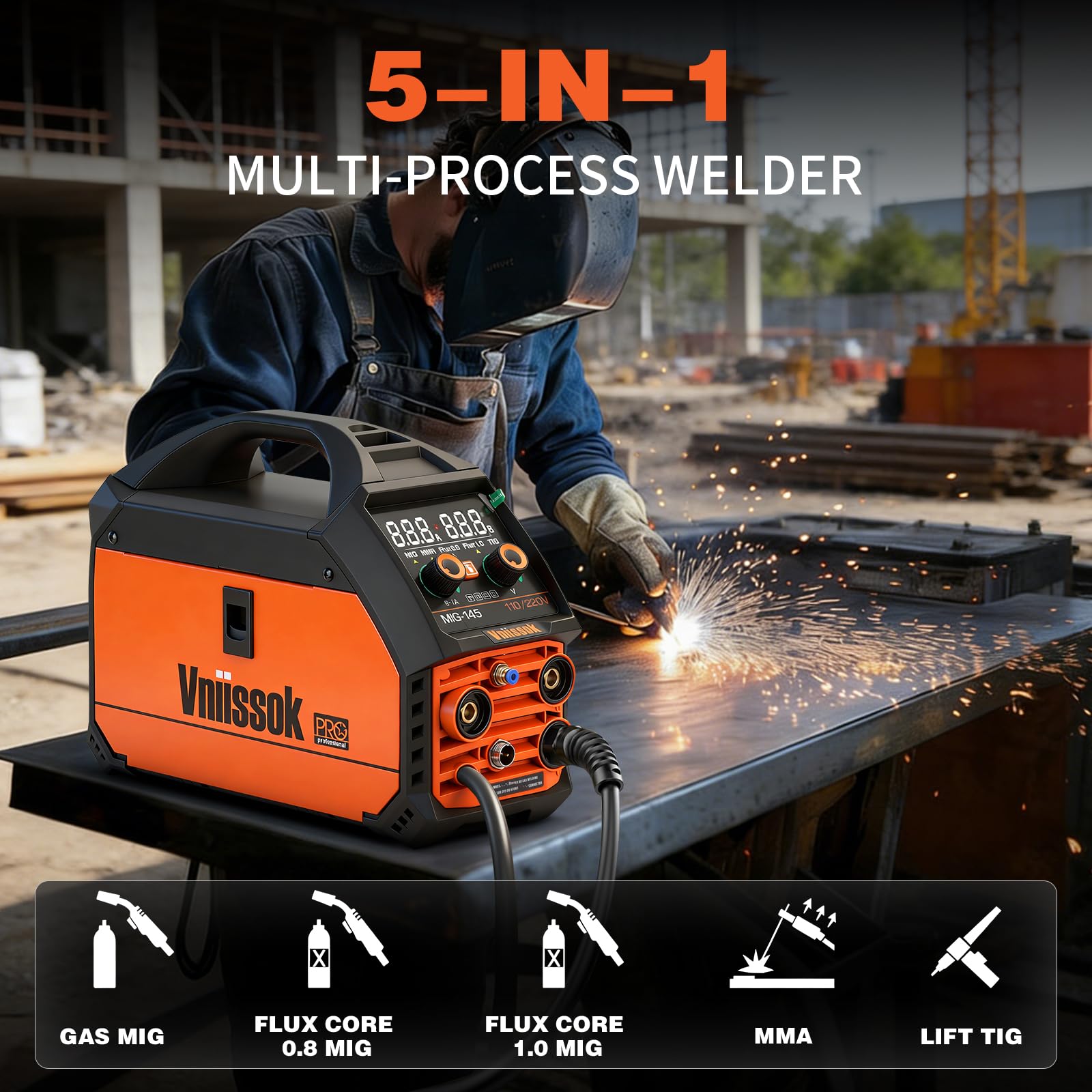Soldador MIG de 145 A, soldador multiproceso de 110 V/220 V, máquina de soldadura MIG sin gas, 5 en 1 MIG/MMA/Lift TIG/núcleo de flujo 0.8/núcleo de flujo 1.0, máquina de soldadura de pantalla LED