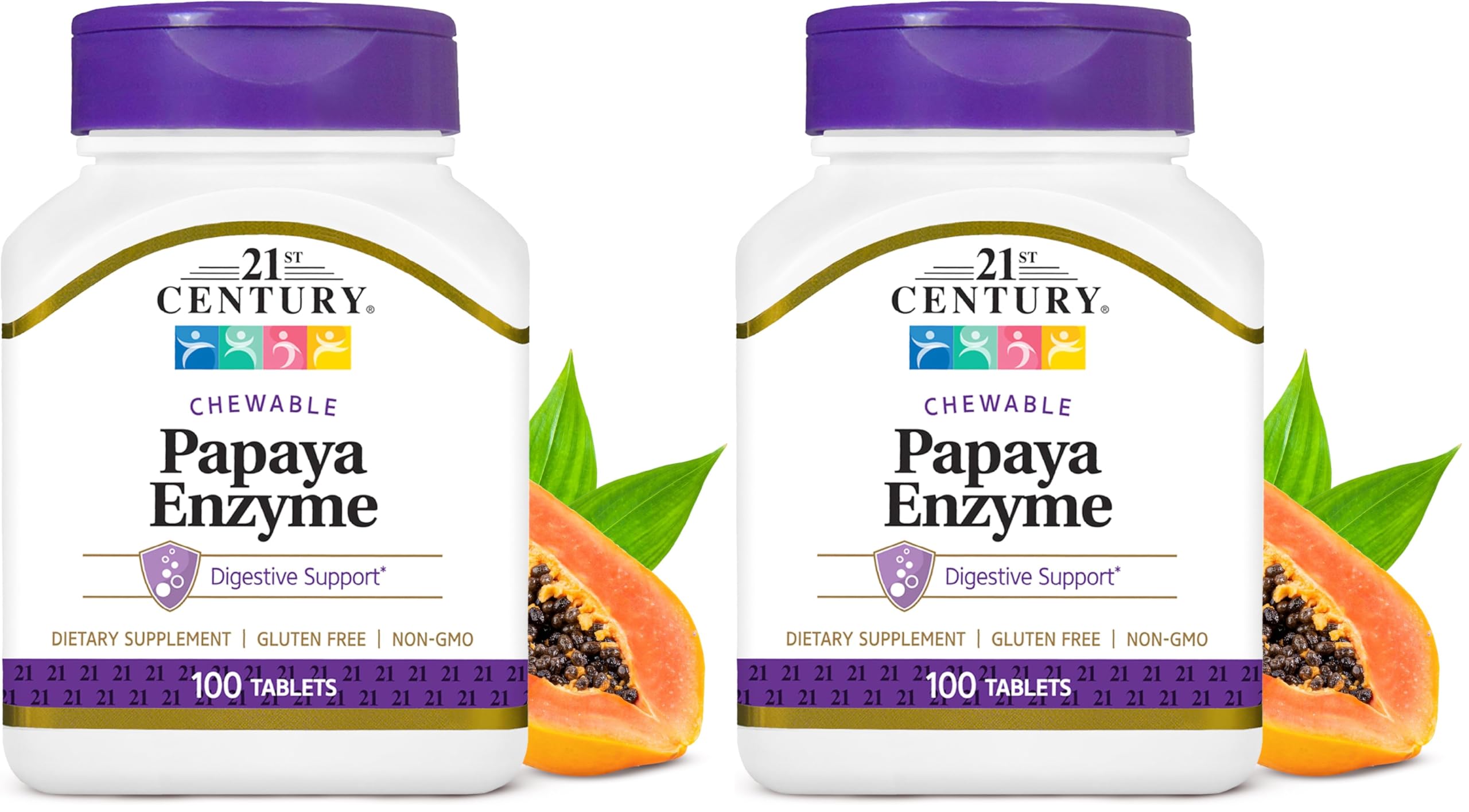 21st Century Papaya Enzyme Chewable Tablets, Tropical, 100 Count (Pack of 2)