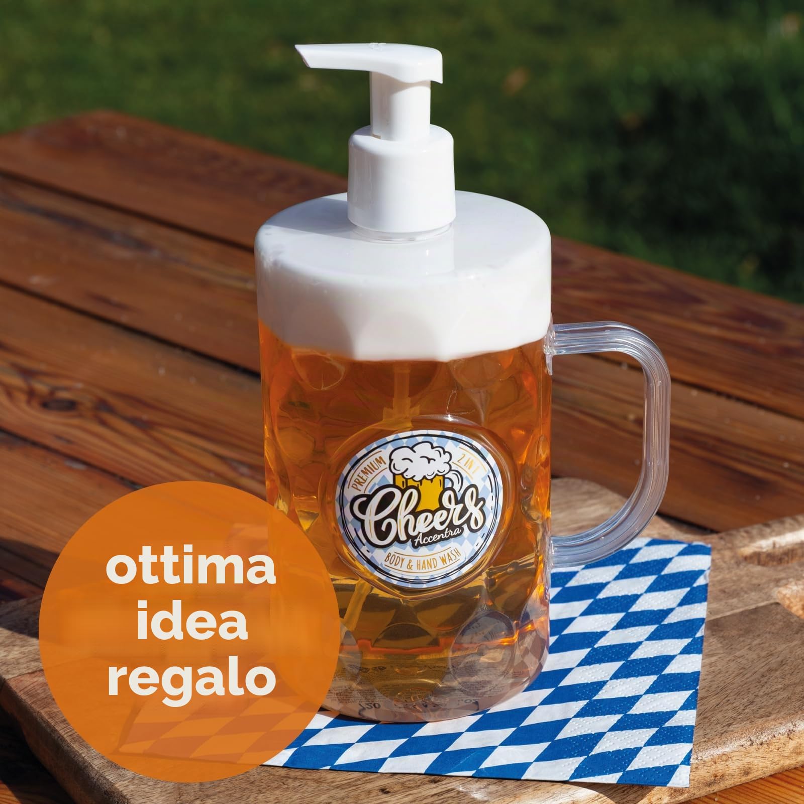 Accentra Dispenser 2in1 Sapone Liquido Mani & Gel Doccia a Forma di Boccale di Birra, Look Birra, 720 ml con Dosatore Schiuma, Profumo Betulla & Cedro, Idea Regalo per Uomini e Amanti della Birra
