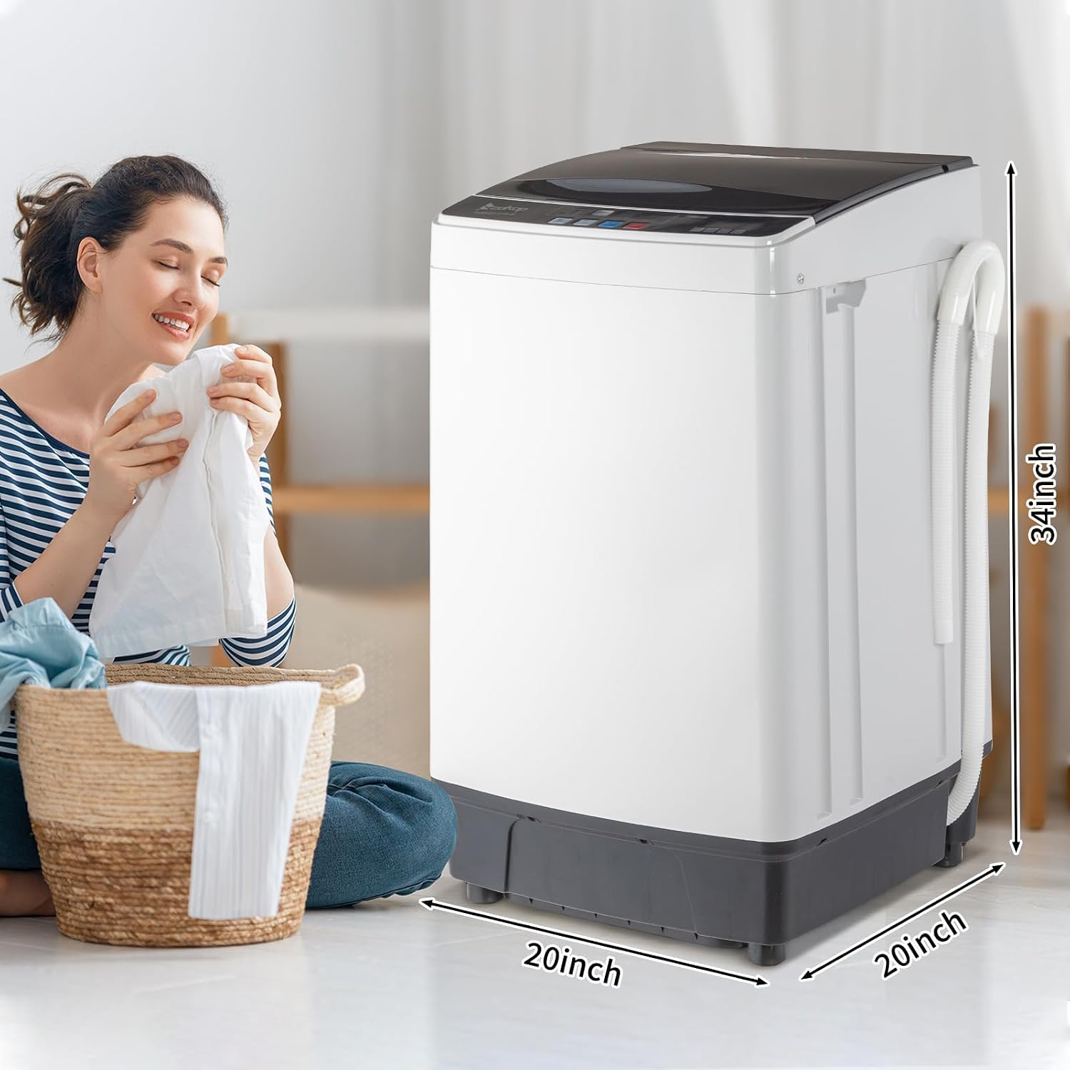 Image showing the dimensions of the ANTSKU portable washing machine: approximately 34 inches high, 20 inches deep, and 20 inches wide.