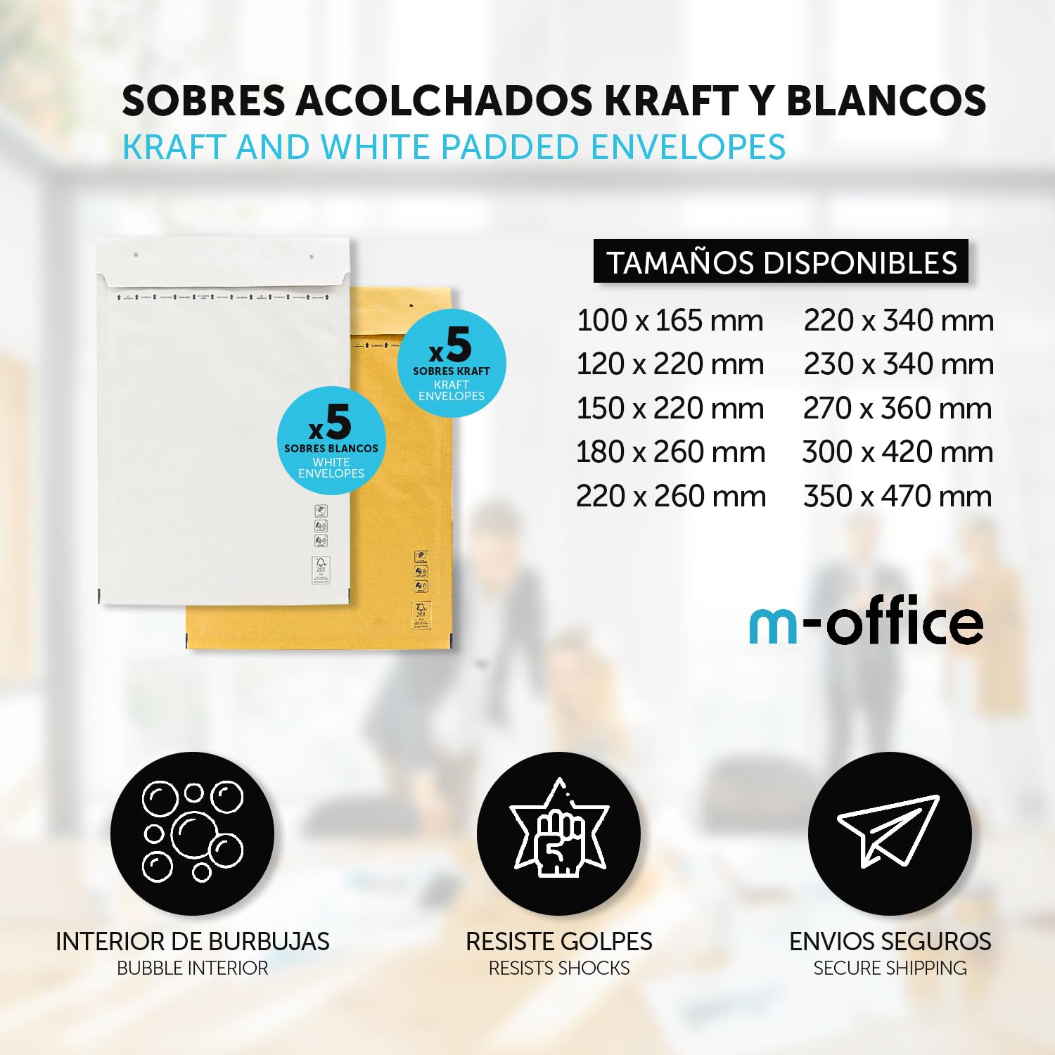 Sobres Acolchados, Sobre Acolchado para Envios, Sobres Burbujas color Kraft y Blanco, Bolsas para Envíos de Paquetes Varios Tamaños, Sobres de Envio · m-office (150x220mm, 10uds)