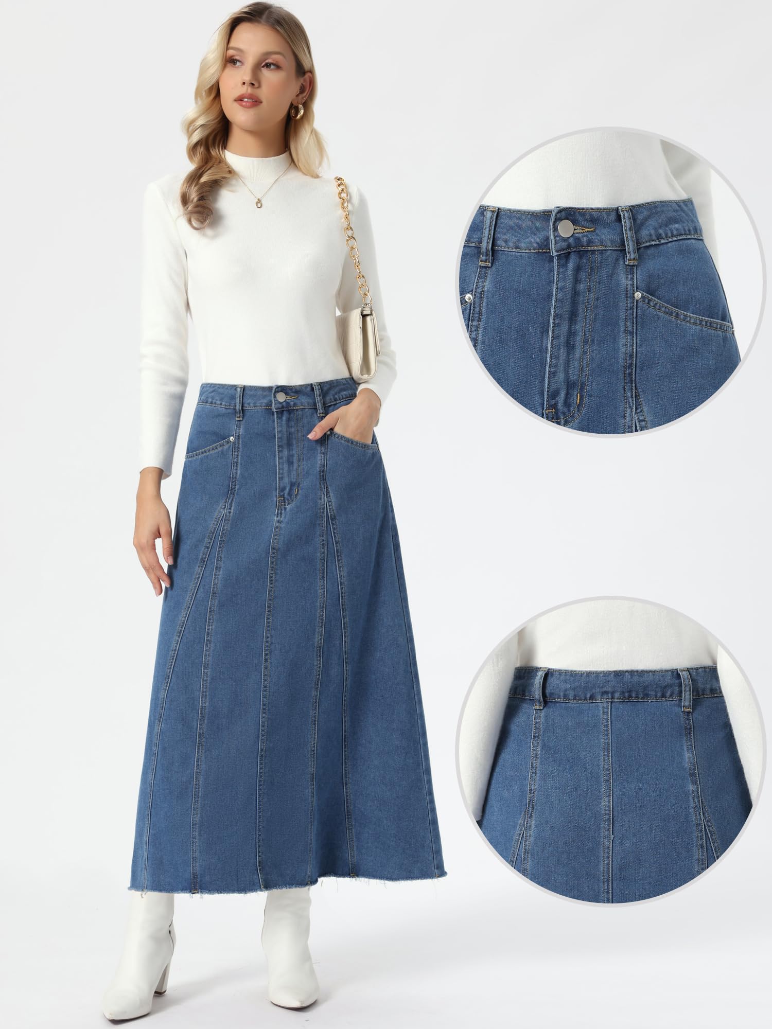 Allegra K Femme Jupe Longue en Jean Taille Haute Trapèze Coutures Été | Coupe Évasée Ourlet Effiloché Poches Patch Automne 2026 Usage Quotidien Décontracté