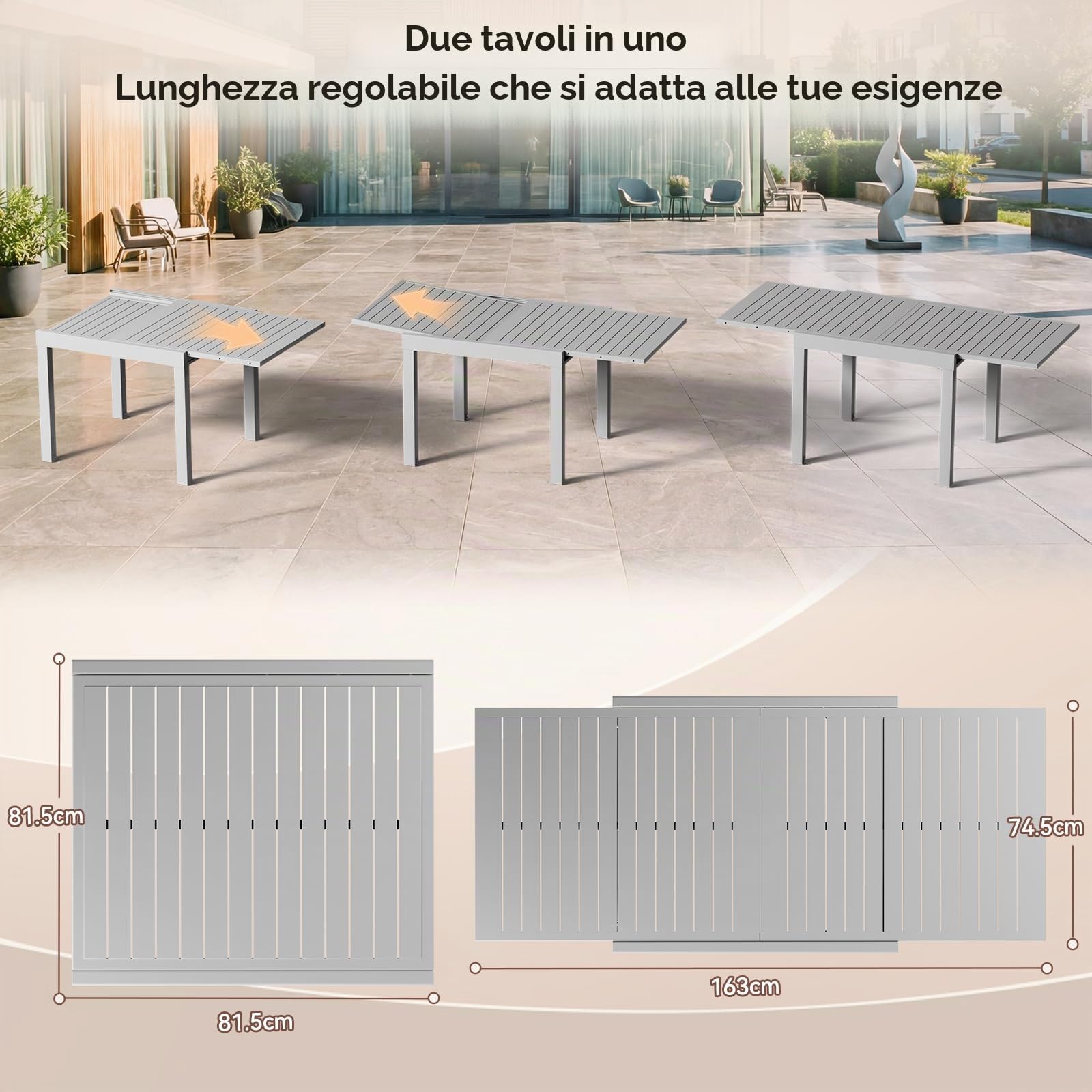 JUMMICO Tavolo da Giardino Estensibile 260x80cm per 6-10 Persone - Alluminio Antiruggine, Imputrescibile e Facile da Pulire - Design Compatto con Prolunga Resistente alle Intemperie