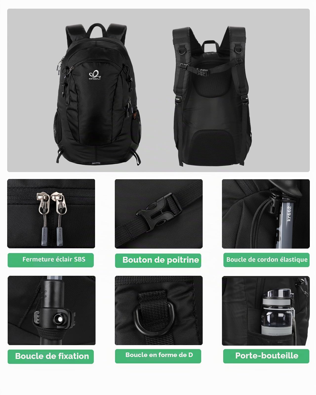 Waterfly Sac à Dos Randonnée 30L Homme Femme pour Voyage Trekking | Léger, Tissu hydrofuge, Multi-poches, Sac de Sport Daypack, Camping, Plein Air