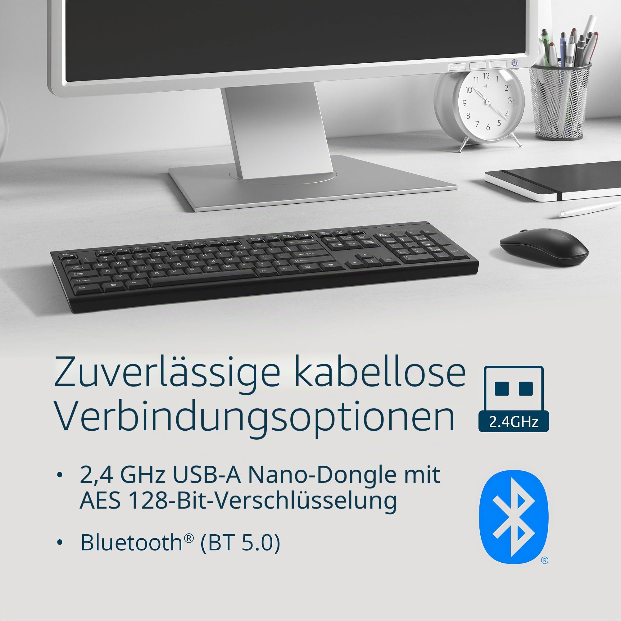 Kensington KM270 EQ Set Wiederaufladbare kabellose Full-Size Tastatur und beidhändige geräuschlose Maus für PC und Laptop, 2,4 GHz & BT 5.0, spritzwassergeschützt, QWERTZ ISO-Layout, Schwarz, K75560DE