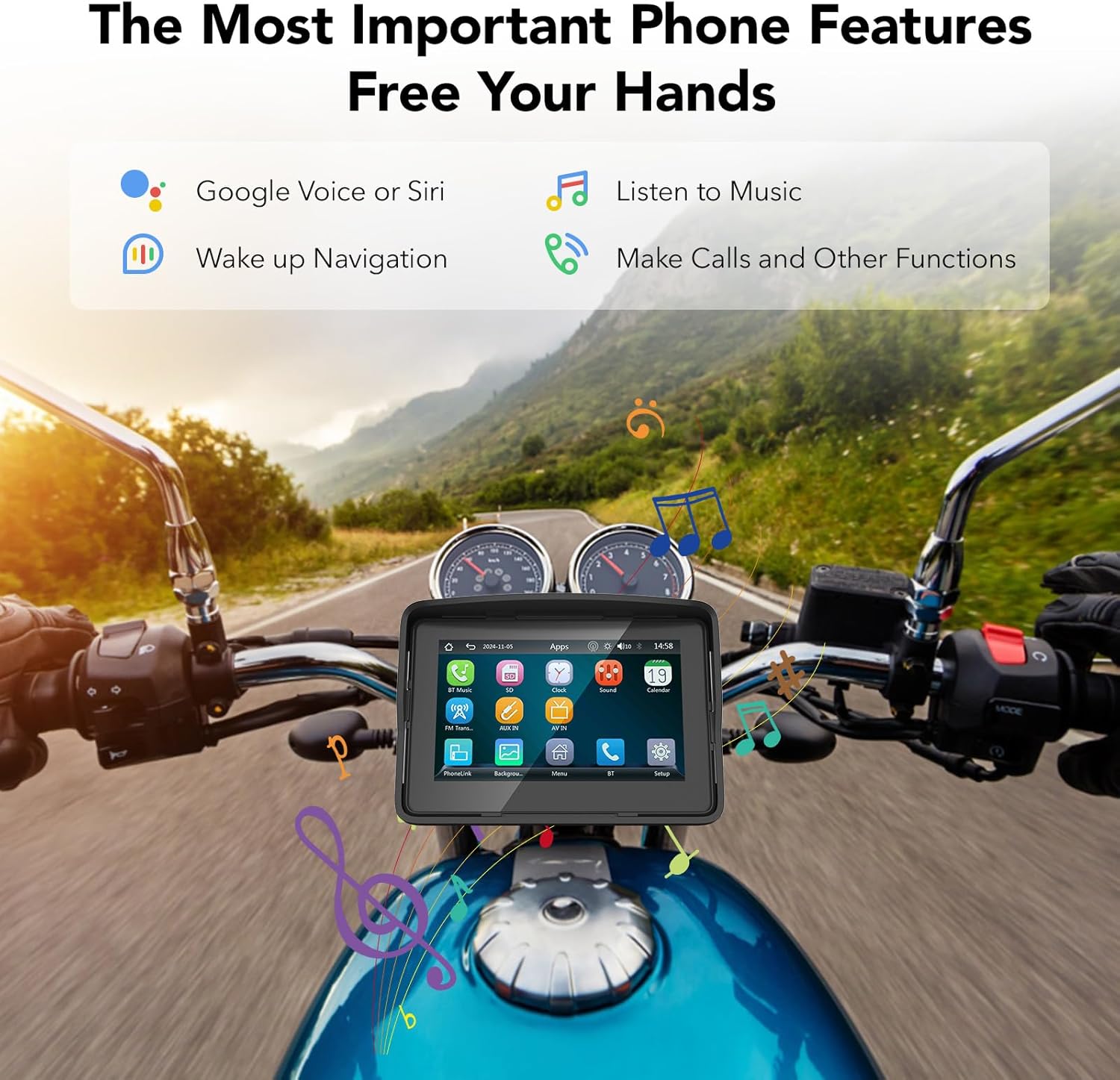 YCV Motorcycle Carplay Screen, Wireless CarPlay & Android Auto for Motorbike, Carplay Motorcycle GPS Navigation, 5" IP67 Waterproof Touchscreen, Dual Bluetooth, EQ, Support Siri and Google Assistant