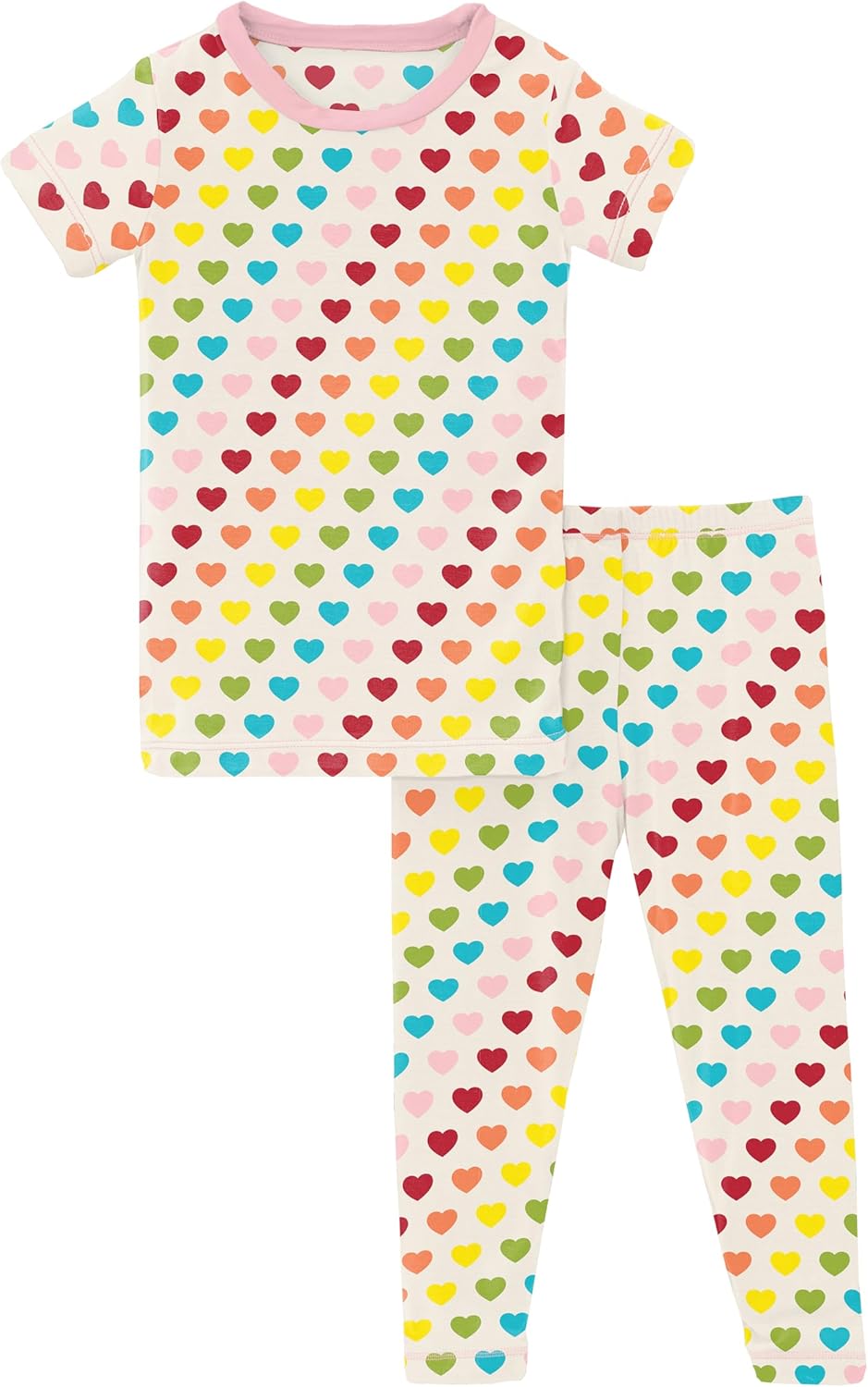 KicKee Full of Hearts Two Piece Pajamas Set, Short Sleeve, Long Pants, Snug Fit Pajamas (Rainbow Hearts - 5 Years)