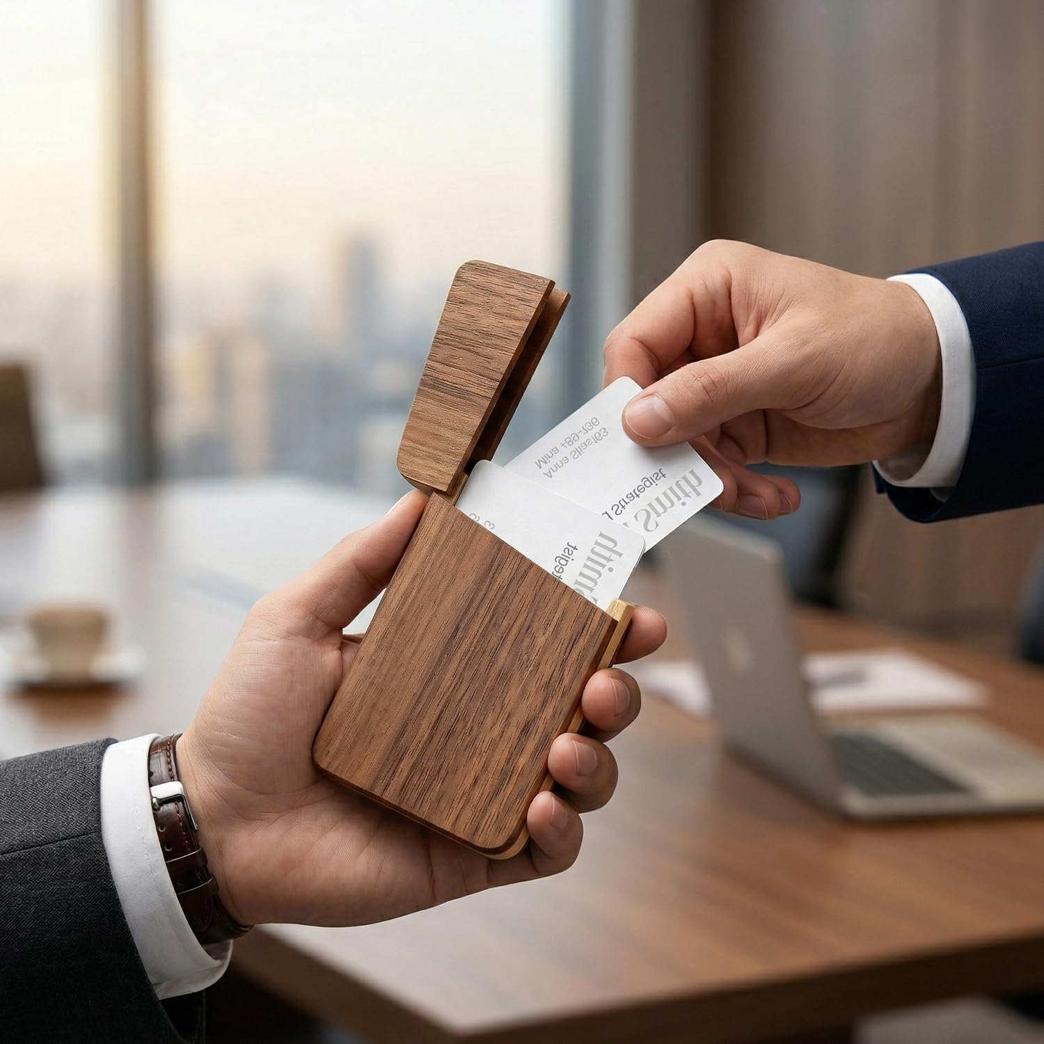 Porte-cartes de visite magnétique en bois contre le désordre du plan de travail