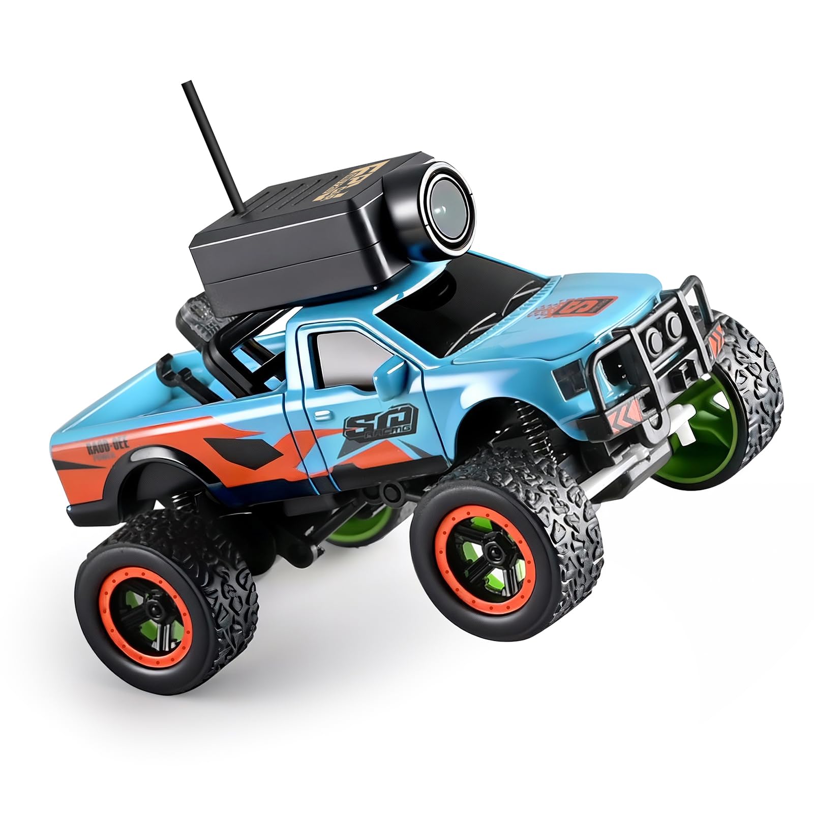 Alomejor Samochód Mini RC 1:64, Zdalnie Sterowany Pojazd Terenowy 2,4G 4WD FPV z kamerą HD, żyroskopem i Diodami LED, dla Dzieci i Dorosłych (BLUE)