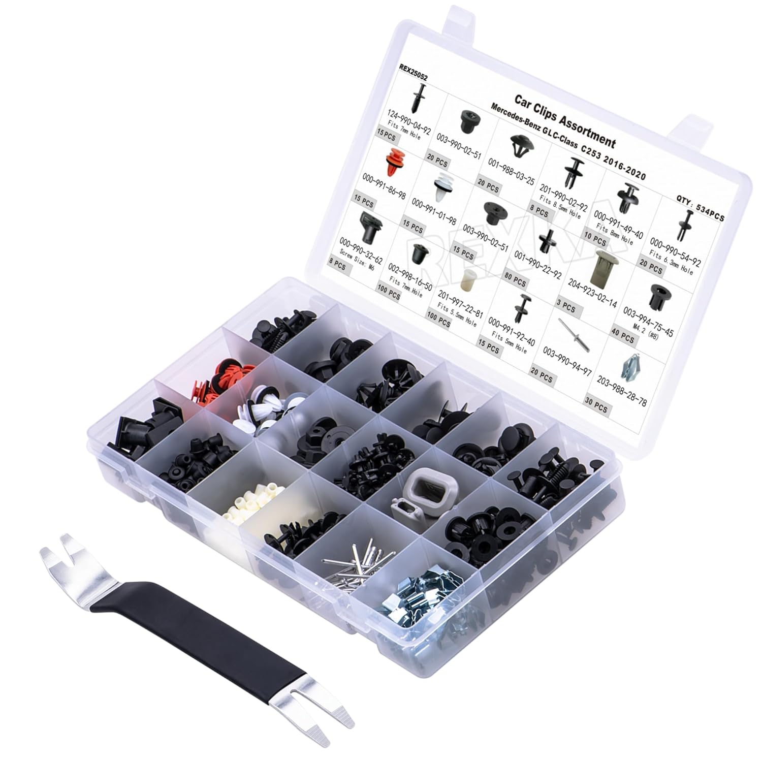Rexka 535pcs for Mercedes-Benz Interior & Exterior Trim Clip Assortment - Bumper, Rocker Panel, Grille, Engine Cover, Splash Shield & Door Panel - GLC C253-1249900492, 0019880325, 2019900292