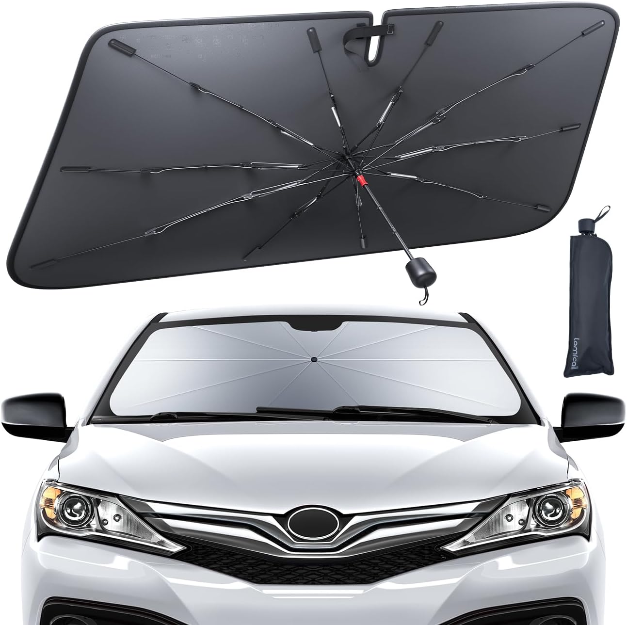 Lamicall Car Windshield Sunshade Umbrella - [57"L x32"W] [5 Layers Nano Coating][10 Fiberglass Ribs] Foldable Front Window Sunshade, Car Interior Protection, Windshield Cover for Sedan, SUV