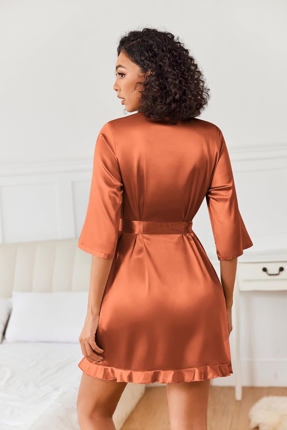 Ekouaer Women's Satin Robes Silk Kimono Bath Robe Short Ruffled Hem Bride Bridesmaid Sleepwear with Pockets - Image 4