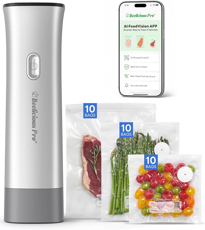 Sellador al vacío de mano para alimentos, máquina selladora al vacío compacta VacSense Series 75kPa con batería de 2000mAh, inalámbrico y portátil, 30 bolsas reutilizables sin BPA para preparación de comidas, viajes y cocina, plateado