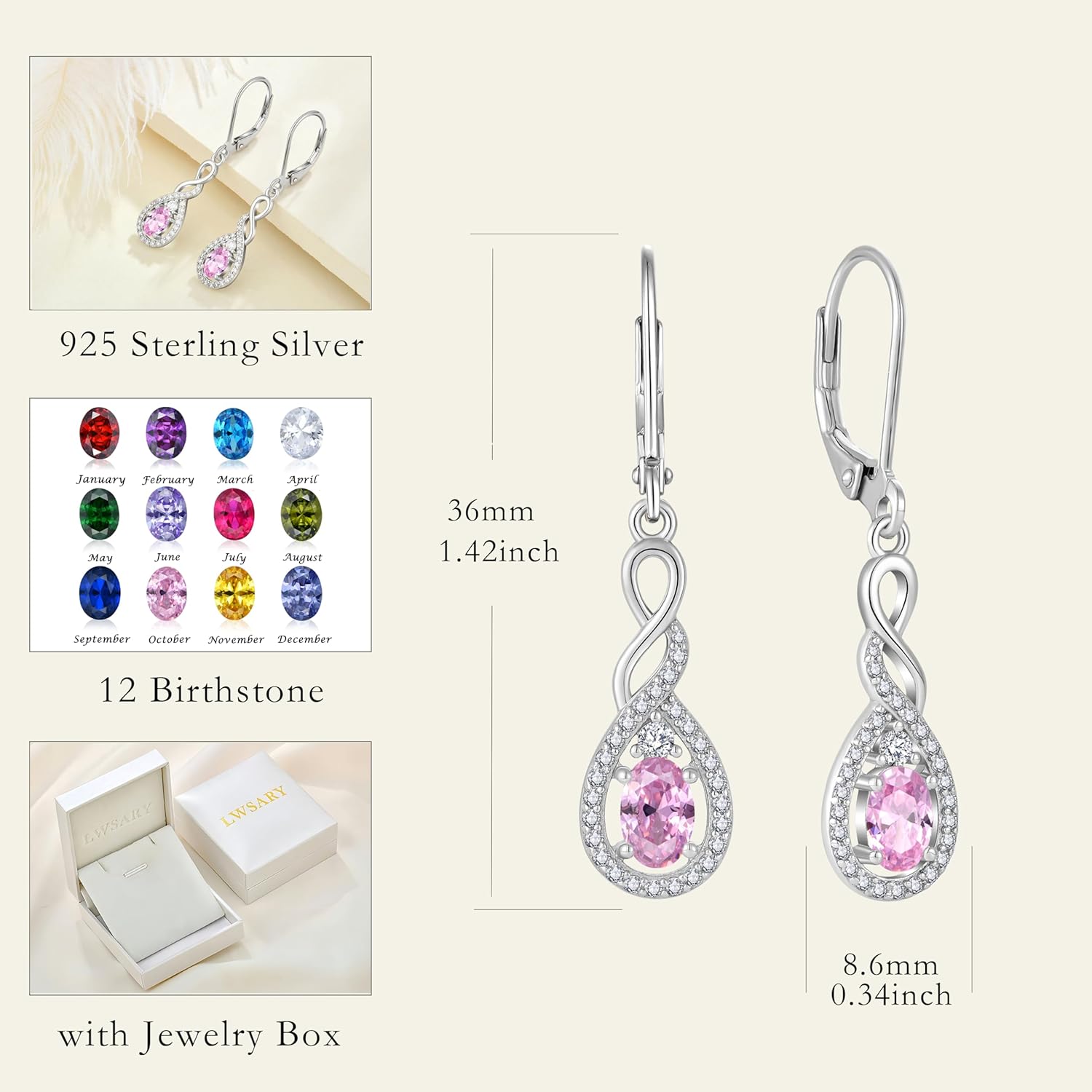 Oval Cut Dangle Drop Earrings 925 Sterling Silver Infinity Twisted Leverback Earrings Birthstone Jewelry for Women - Image 6