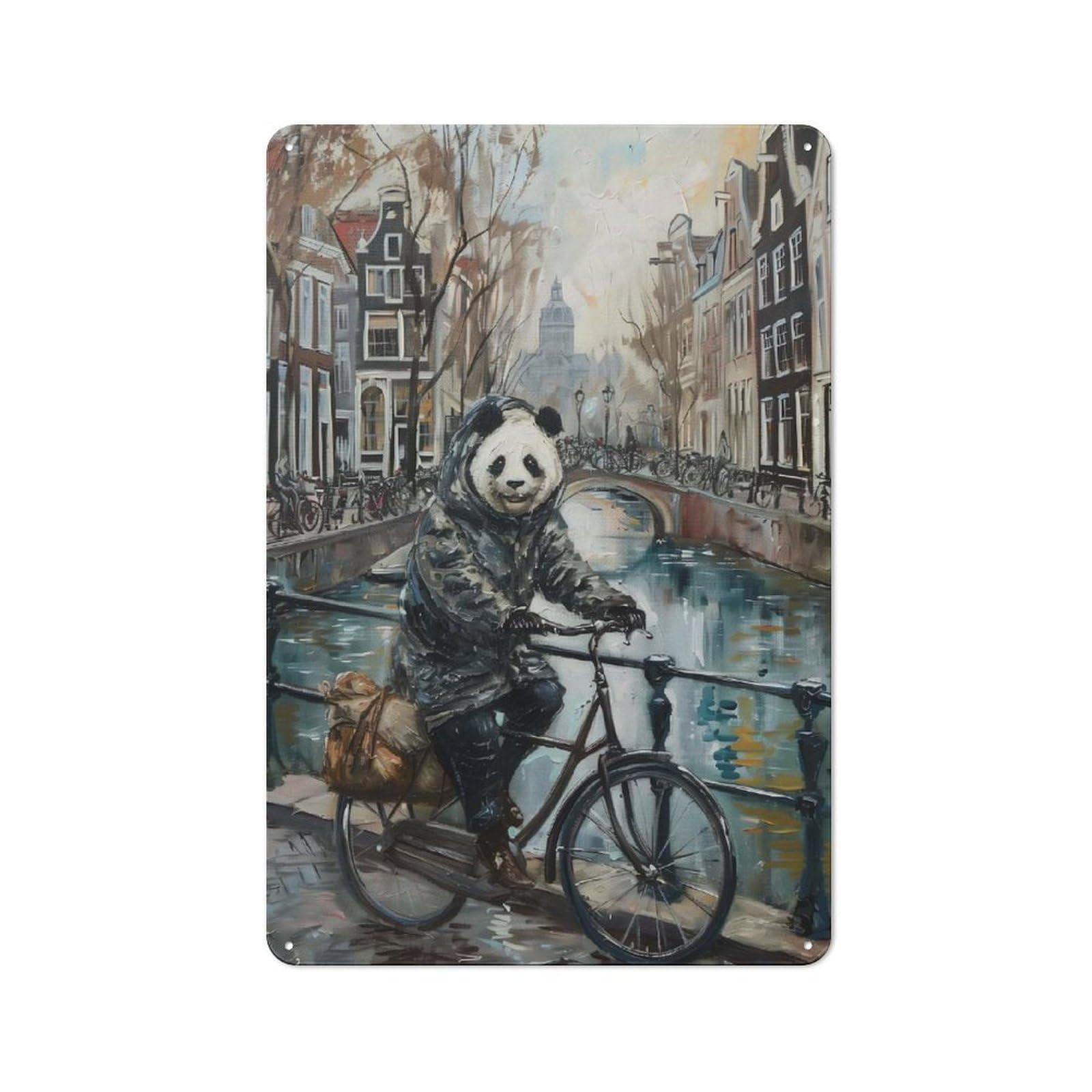 Junmoney Style-24 Panda Bicycle Amsterdam Tin Wall Plaque 30X20cm, Rustic Cottage Wall Art For Dining Room, Cafe, Entryway Or Family Room
