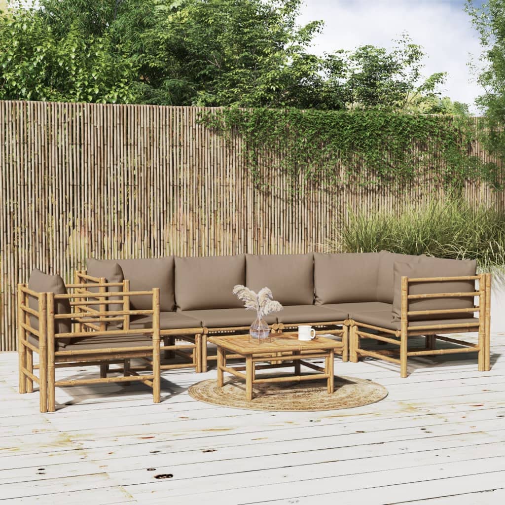 vidaXL Salon de Jardin 7 pcs avec Coussins Taupe Bambou, Ensemble de Salon, Ensemble de Salon extérieur, Ensemble de mobilier d'extérieur
