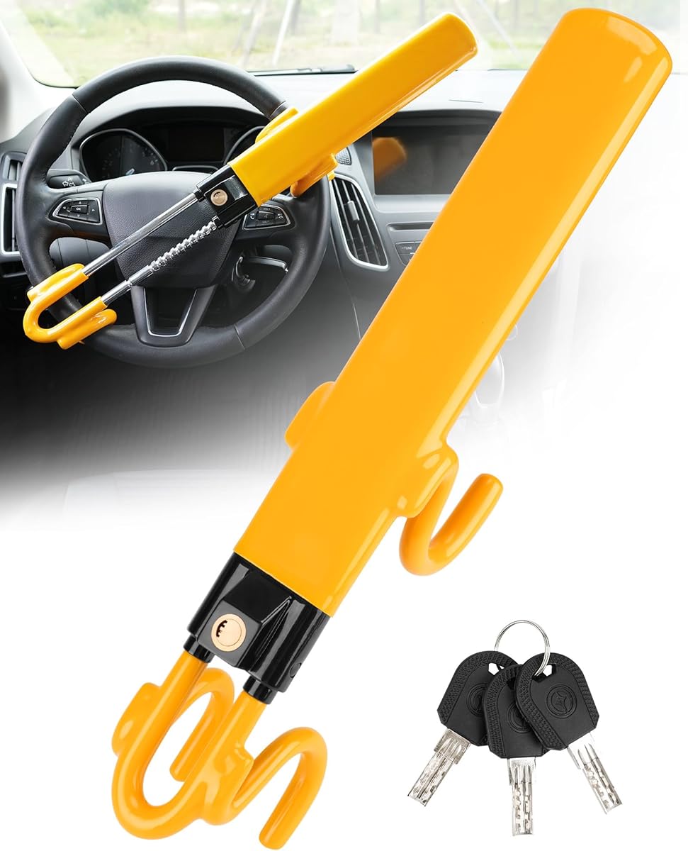 Tevlaphee Steering Wheel Lock Anti-Theft Car Device Heavy Duty Security Car Lock Antitheft Locking Devices Great Deterrent Adjustable Car Wheel Lock Anti Theft for Vehicle Truck with 3 Keys(Yellow)