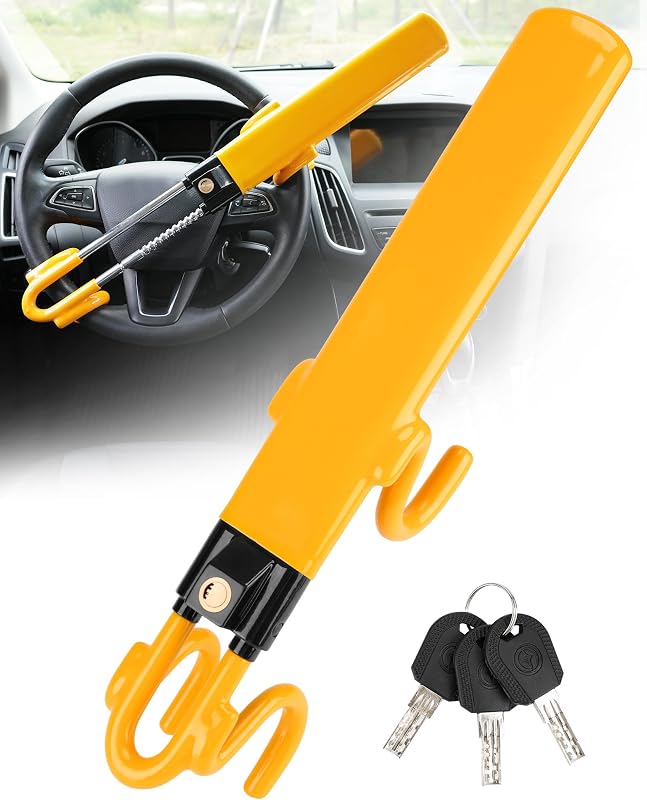 Tevlaphee Candado para volante - Dispositivo antirrobo resistente y candado de seguridad para automóvil con bloqueo ajustable y 3 llaves - Excelente disuasivo para vehículos y camiones (amarillo)