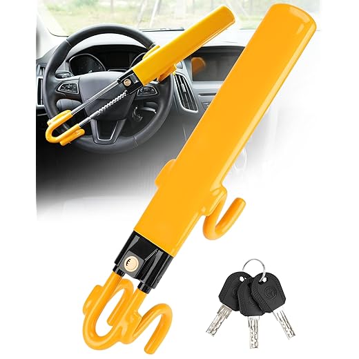 Tevlaphee Steering Wheel Lock - Heavy Duty Antitheft Device and Car Security Lock with Adjustable Locking and 3 Keys - Great Vehicle and Truck Deterrent (Yellow)