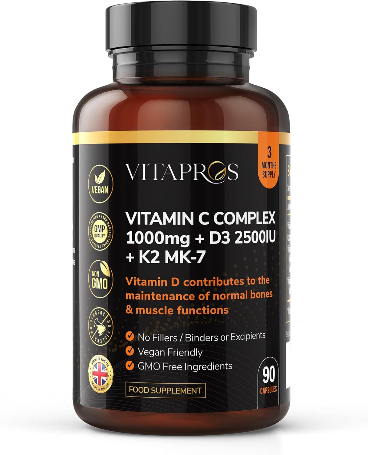 Vitamin C Complex 1000mg + D3 2500IU + K2 MK-7 – 90 Capsules, 3 Months Supply – Non-GMO, Gluten-Free & Vegan-Friendly – Supports Bone, Muscle & Immune Health for Men & Women