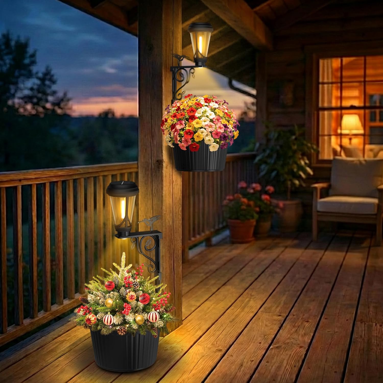 2Pcs 7.9 Inch Solar Lights Planter Dual-Sided 3000K Warm White Lighting, 2 in1 (Wall/Stand) Flower Pots, Auto on/Off IP65 Solar Post Light with Planter Waterproof for Yard, Patio, Porch, Pathway Decor