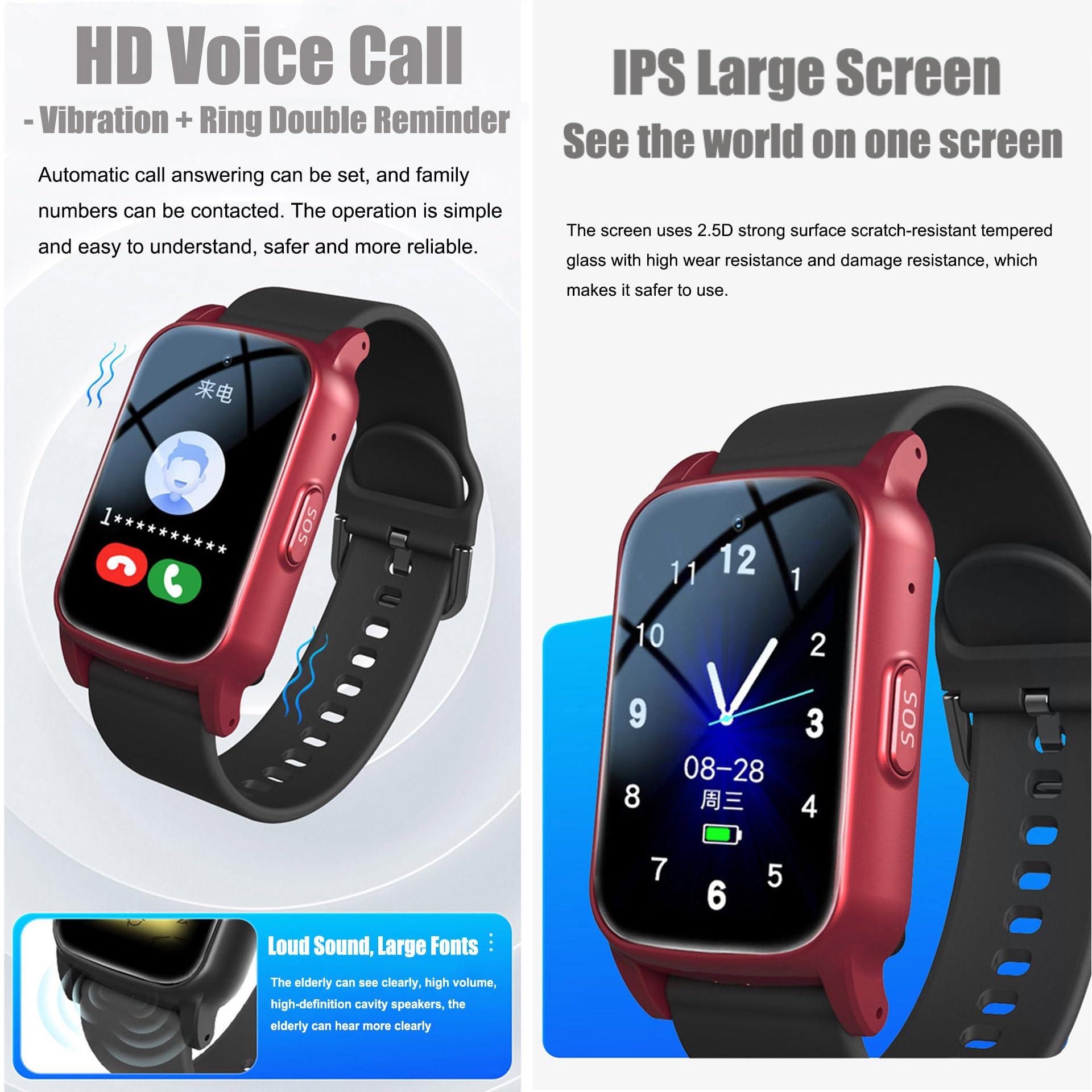 Notruf Armband Für Senioren, Notfalluhr Für Senioren Mit SOS-Notruf, Sturzerkennung, HD-Videoanruf Und Magnetischer Aufladung – IP67 WasserdichtRed,25.8x2cm