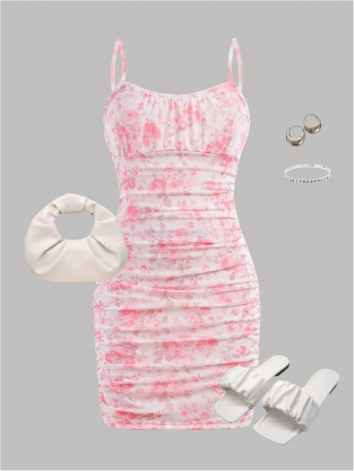 Floerns Girl's Floral Print Spaghetti Strap Bodycon Dress Mesh Ruched Cami Mini Dress