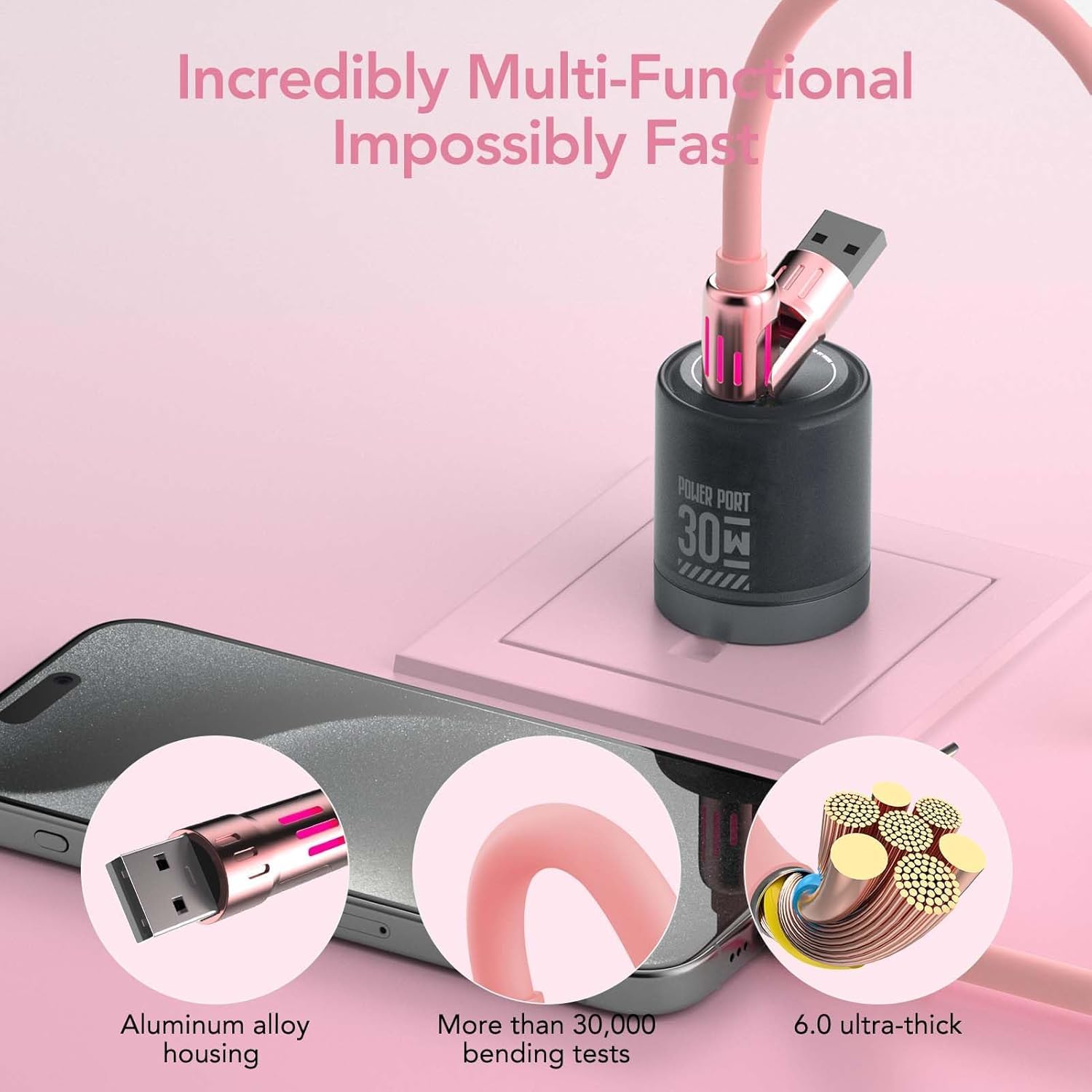 MFish Lot de 2 câbles de charge USB universels 4 en 1 240 W - Cordon de charge rapide pour iPhone 16/15/14/13, tablettes, ordinateurs portables, téléphones Android et plus (2 paquets, gris rose, 2 m)