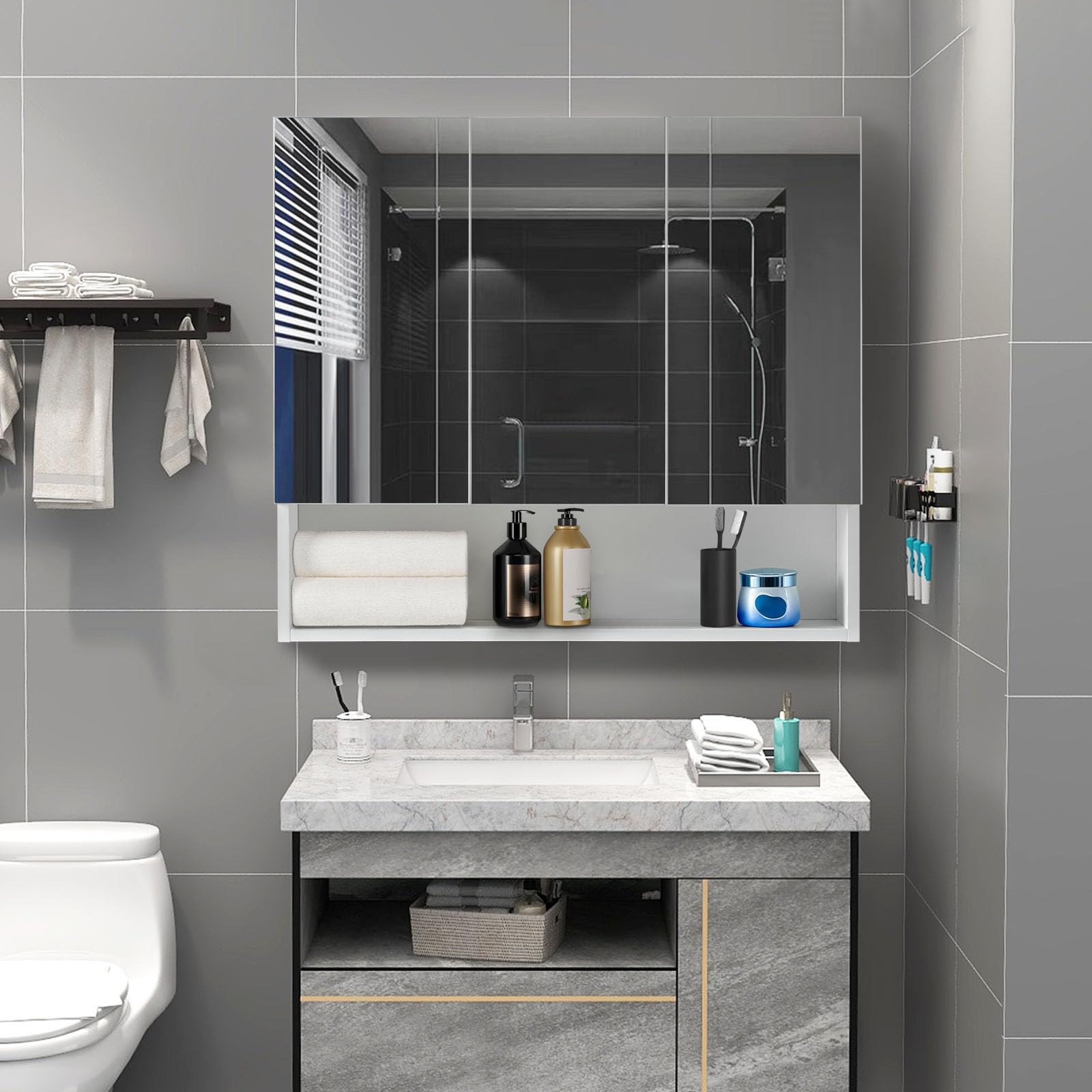 Tukailai - Armadietto per il bagno a giorno con montaggio a parete, bianco, con specchio, portaoggetti, con 3 ante, con ripiani a regolabili, impermeabile