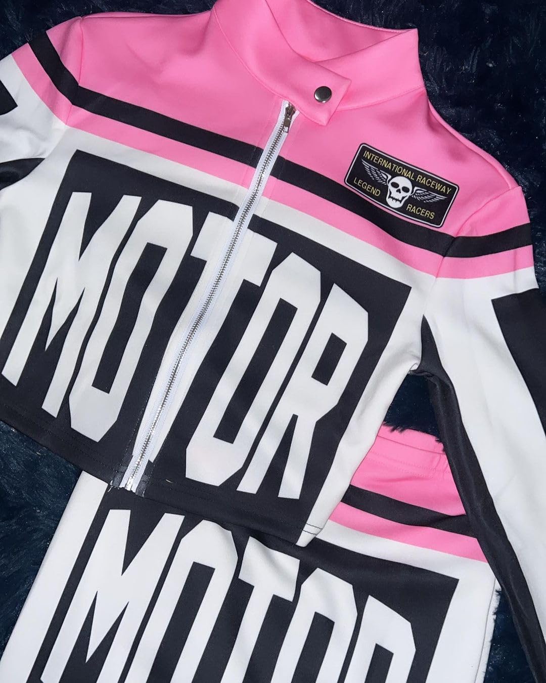 Molilove Completo da donna in 2 pezzi con cerniera giacca a vita alta aderente minigonna set moto giacca Varsity cappotto Streetwear