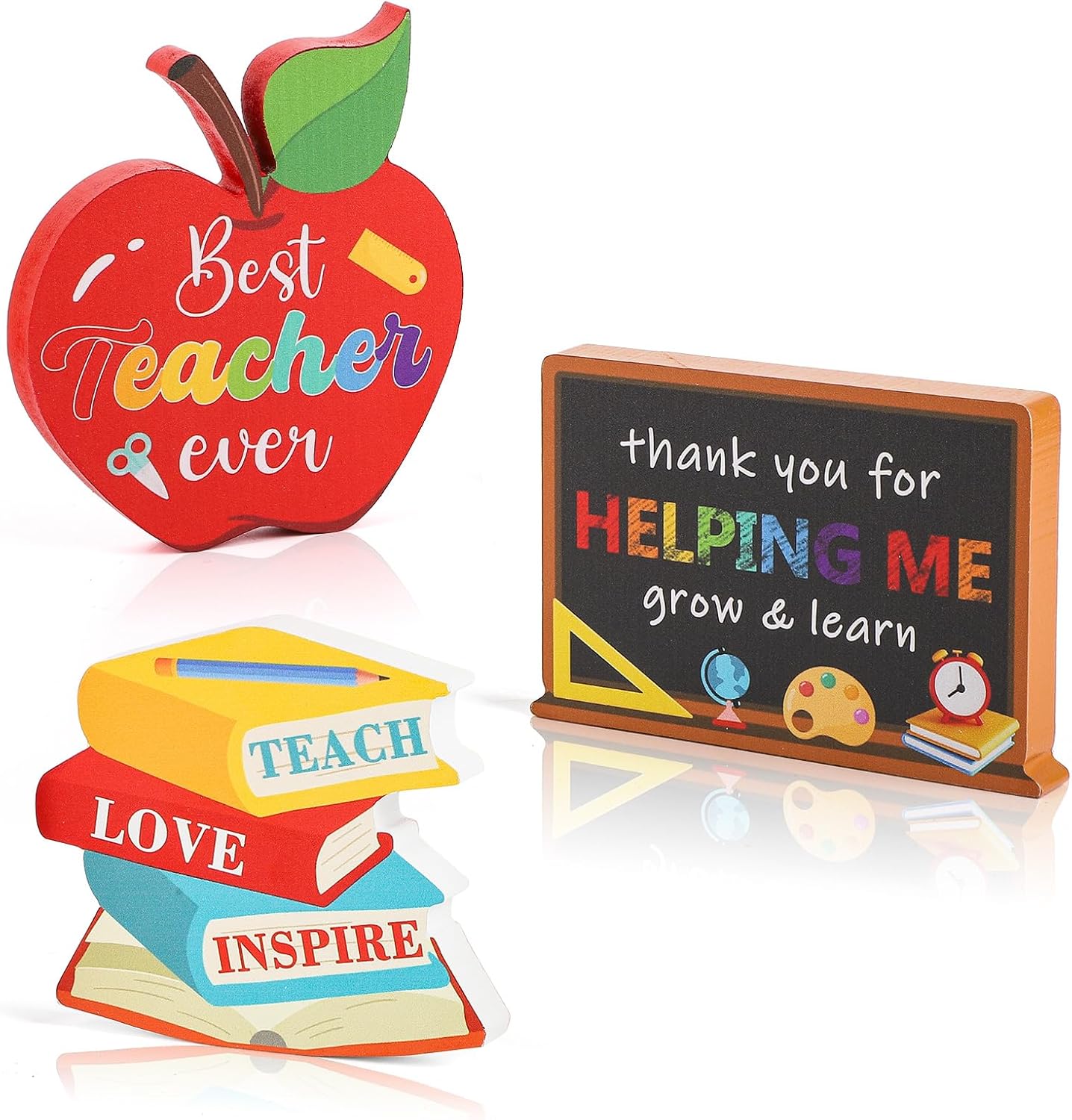 Teacher Appreciation Gifts Table Centerpieces Decorations Set of 3, Wooden Thank You Teachers Gift, Best Teacher Ever Decor Centerpiece for Home School Classroom Desk Decor (Colorful)