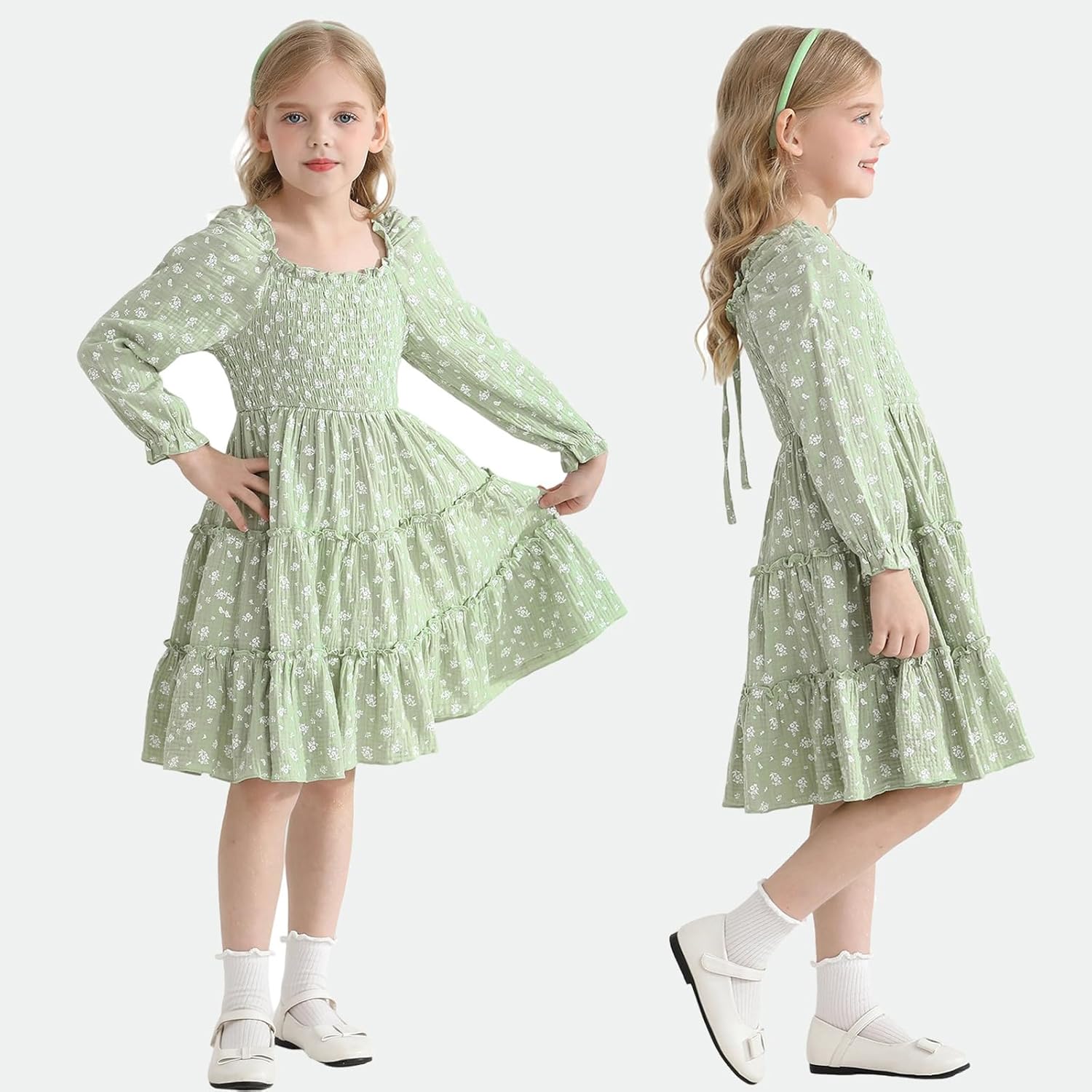 Toddler Girl Dress Long Sleeve Baby Floral Smocked Square Neck Playwear Dress | Spring Fall Casual Dresses 1-6Y - Image 4