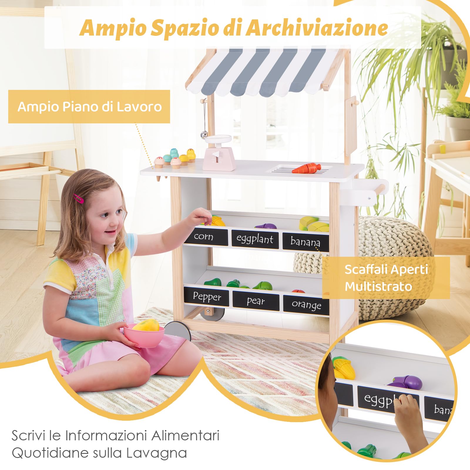 RELAX4LIFE Bancarella in Legno per Bambini con Carretto dei Gelati, 6 Coni Gelato, Ripiano e Lavagna, Bilancia e Campanello, Gioco di Ruolo Educativo, (BIANCO,79,5 x 29,5 x 100 cm)