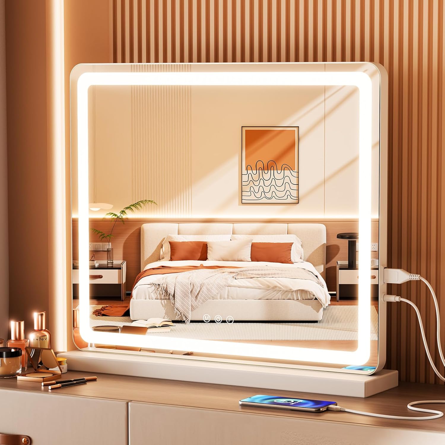 Sweetcrispy 19"x22" LED Vanity Mirror with Lights, Dimmable 3 Color Modes Makeup Mirror with Memory Function, USB Charging, Aluminum Frame, Lighted Mirror for Desk or Bedroom